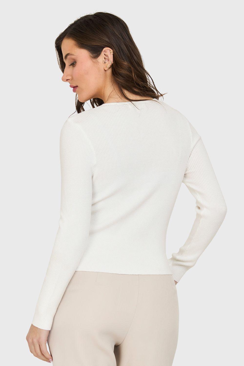 Sweater Cuello V Acanalado Blanco Nicopoly-3