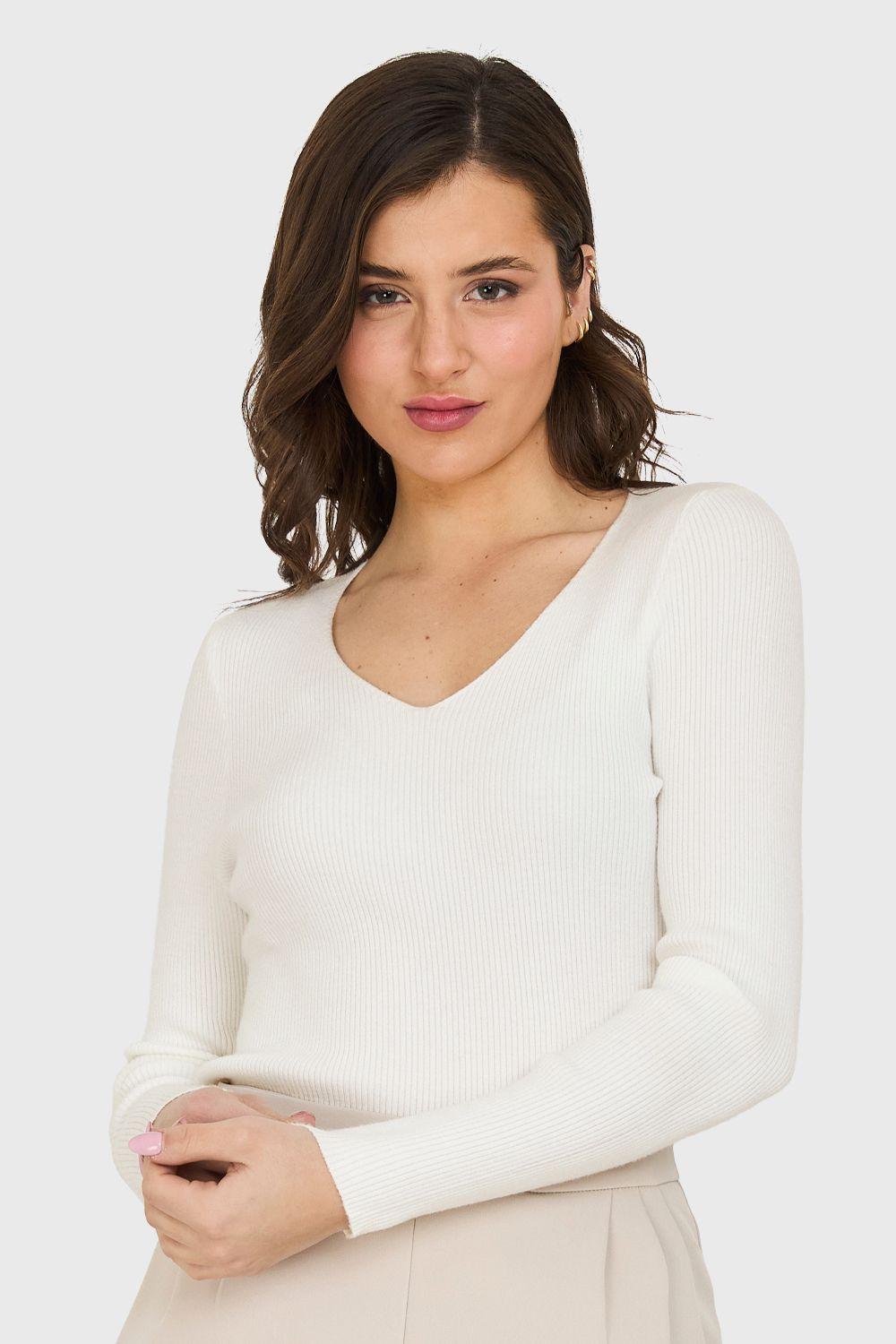 Sweater Cuello V Acanalado Blanco Nicopoly-4