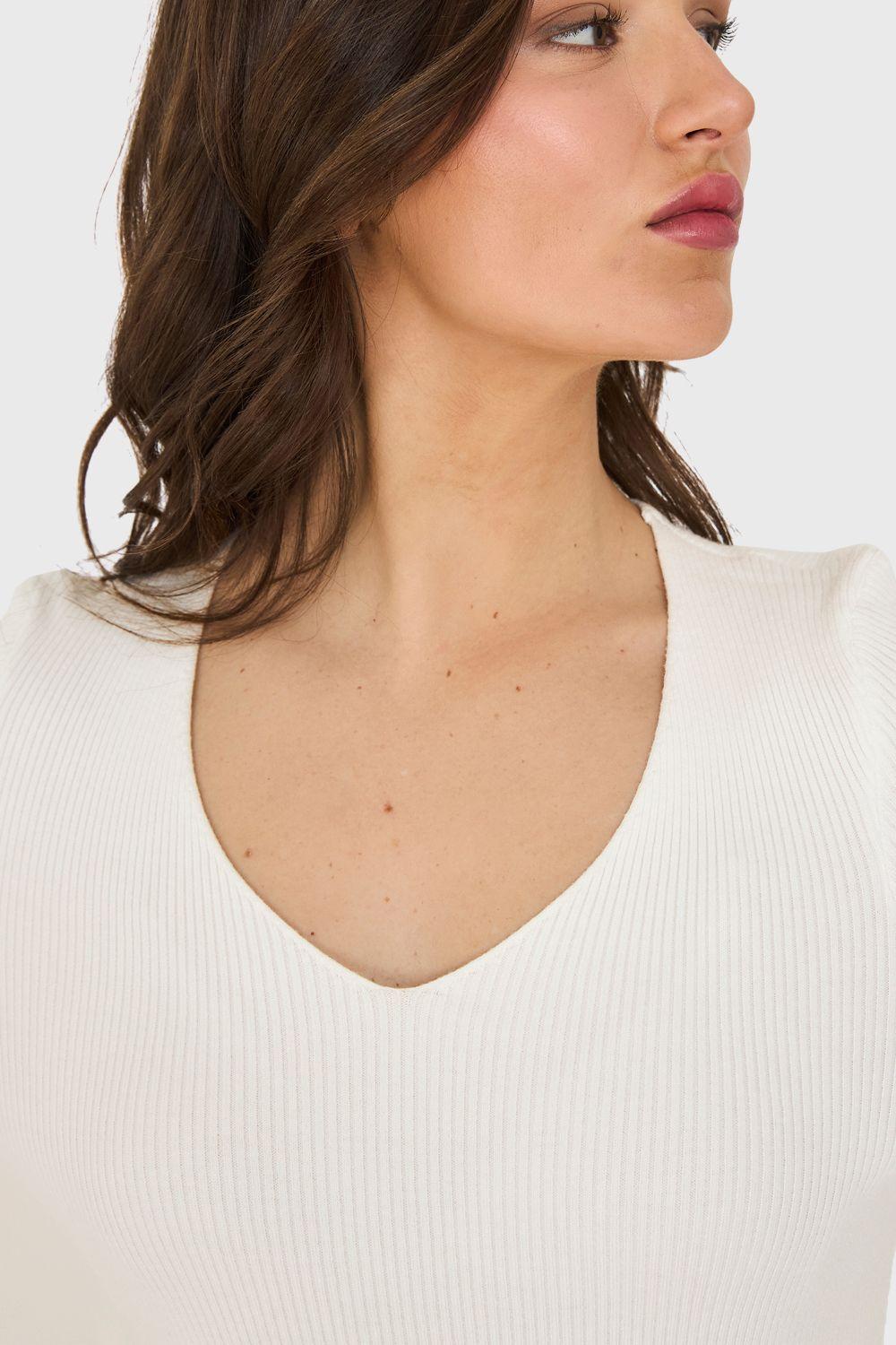 Sweater Cuello V Acanalado Blanco Nicopoly-5
