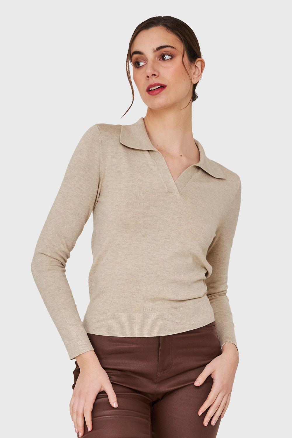 Polera Manga Larga Cuello Camisero Khaki Nicopoly-0