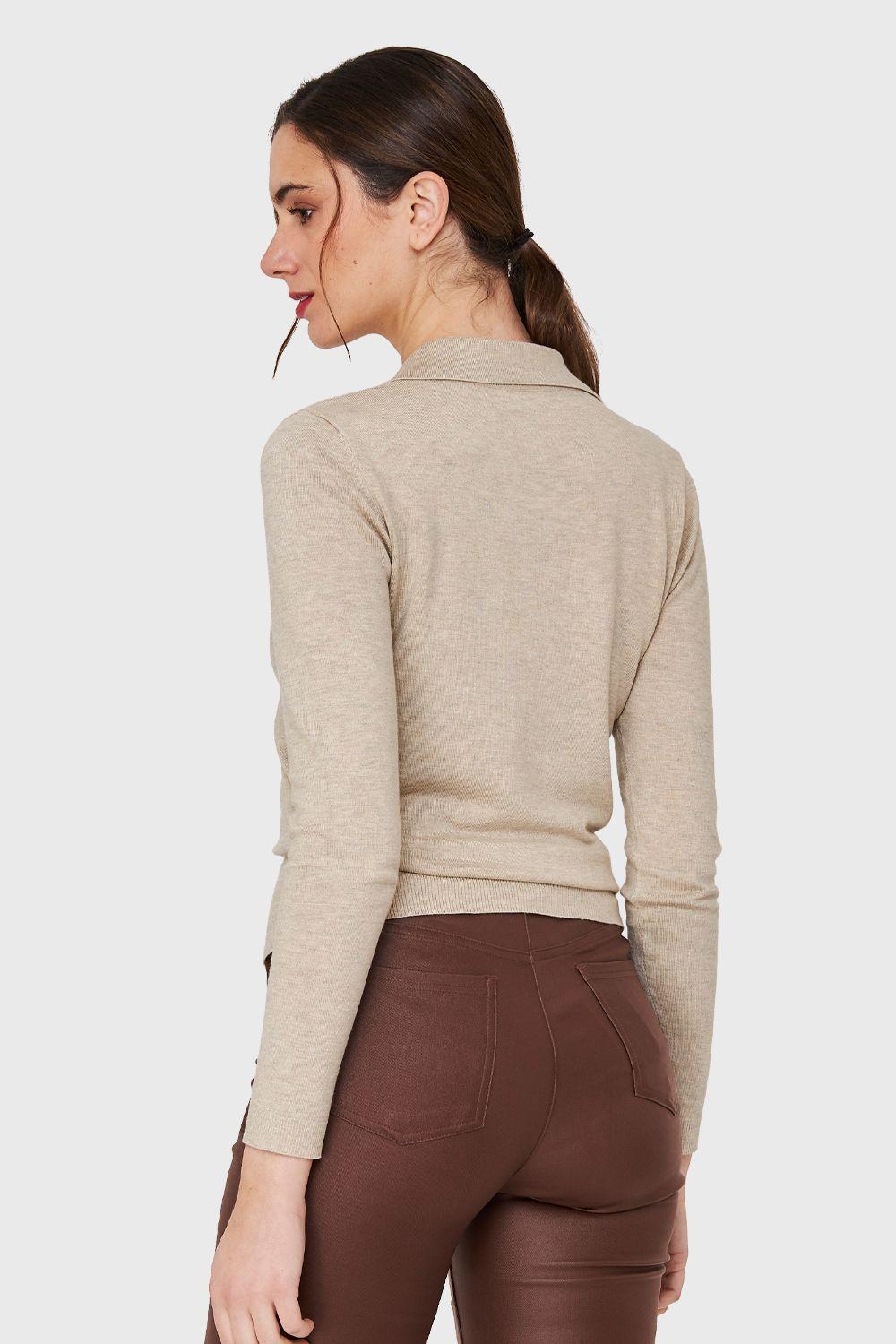 Polera Manga Larga Cuello Camisero Khaki Nicopoly-3