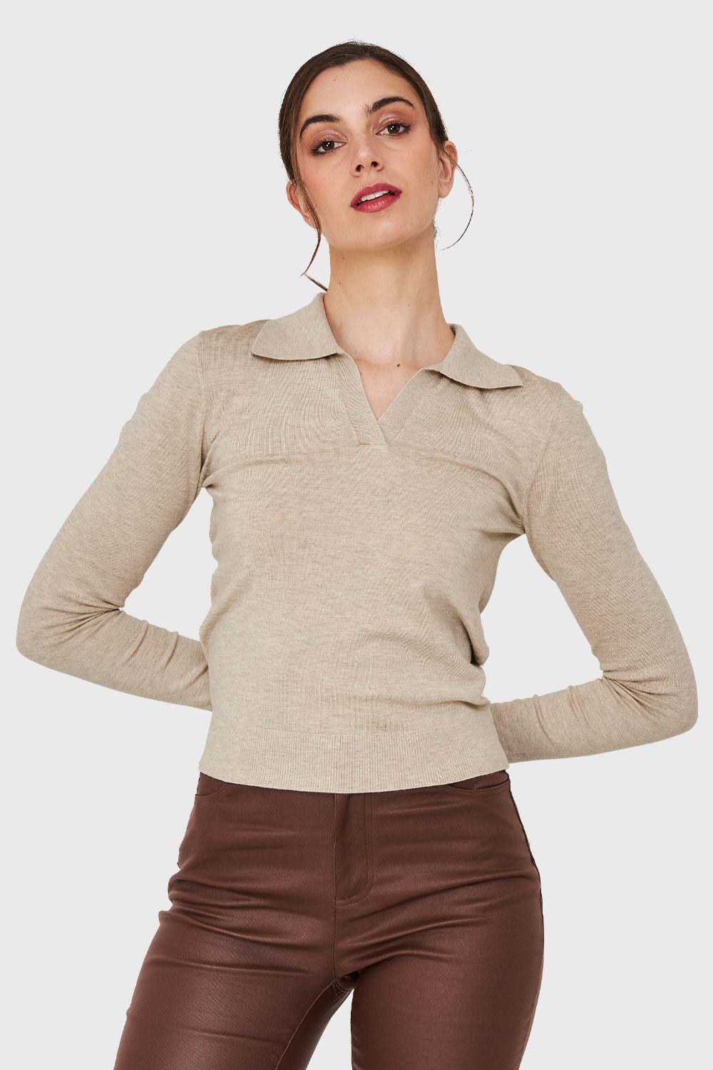 Polera Manga Larga Cuello Camisero Khaki Nicopoly-4