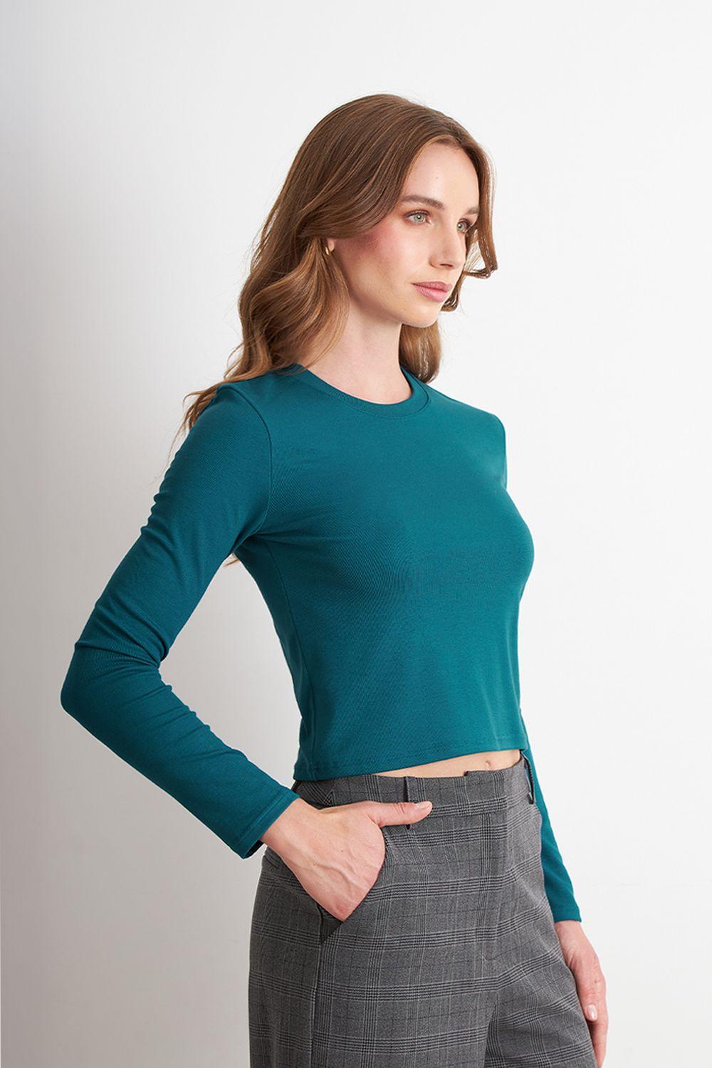 Polera Manga Larga Crop Verde Petróleo Nicopoly-2