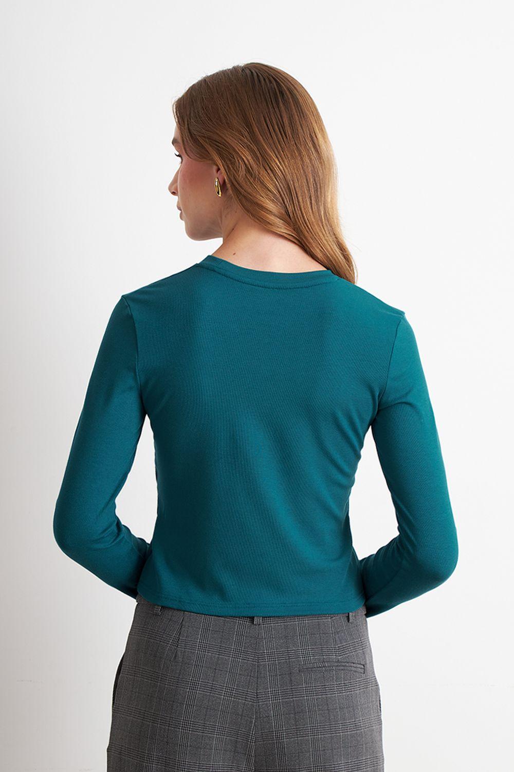 Polera Manga Larga Crop Verde Petróleo Nicopoly-3