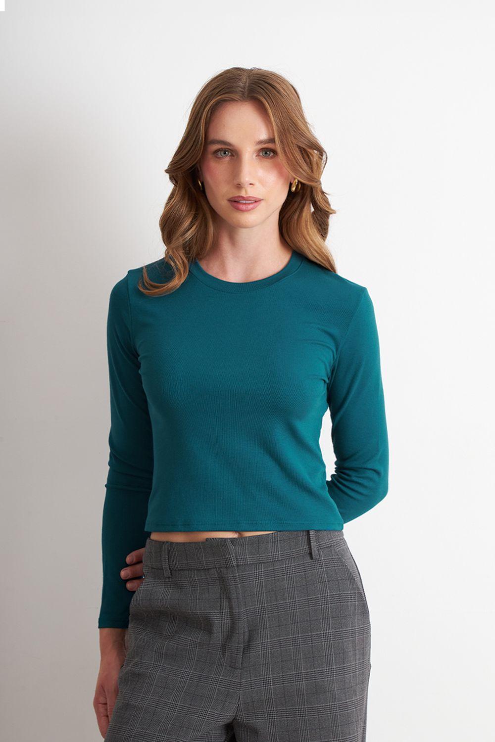 Polera Manga Larga Crop Verde Petróleo Nicopoly-4