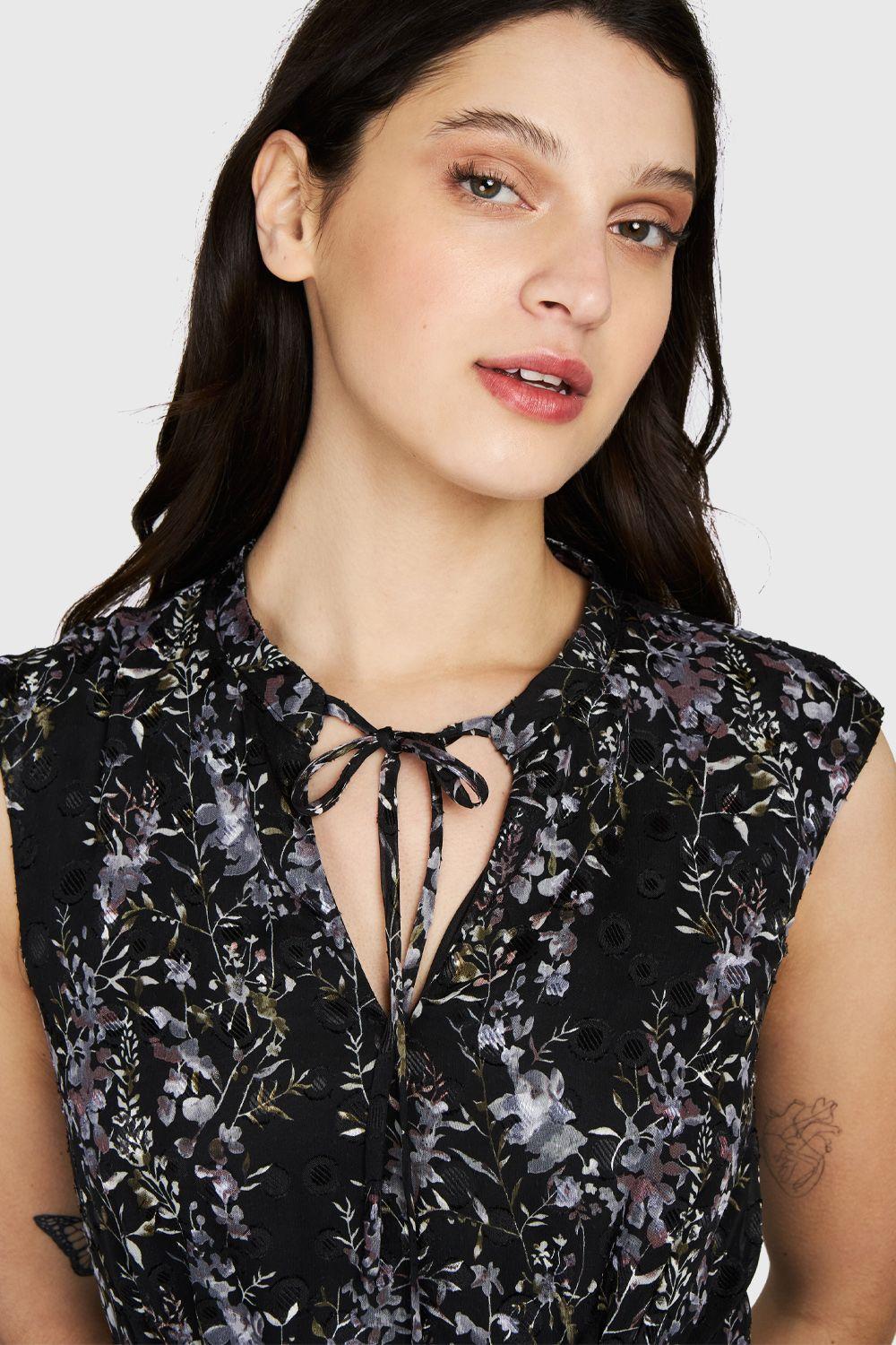 Vestido Floral Cuello Mao Negro Nicopoly-4