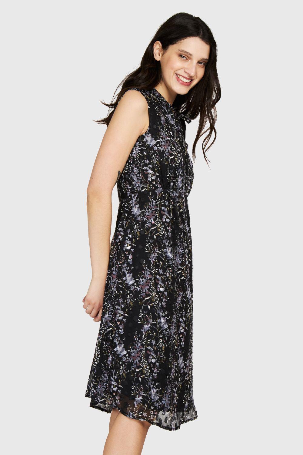 Vestido Floral Cuello Mao Negro Nicopoly-2