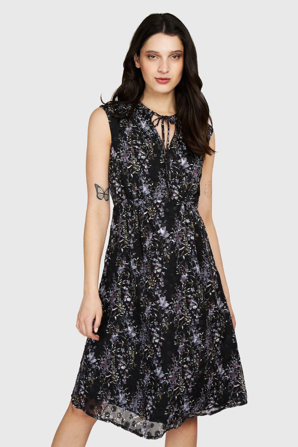 Vestido Floral Cuello Mao Negro Nicopoly-0