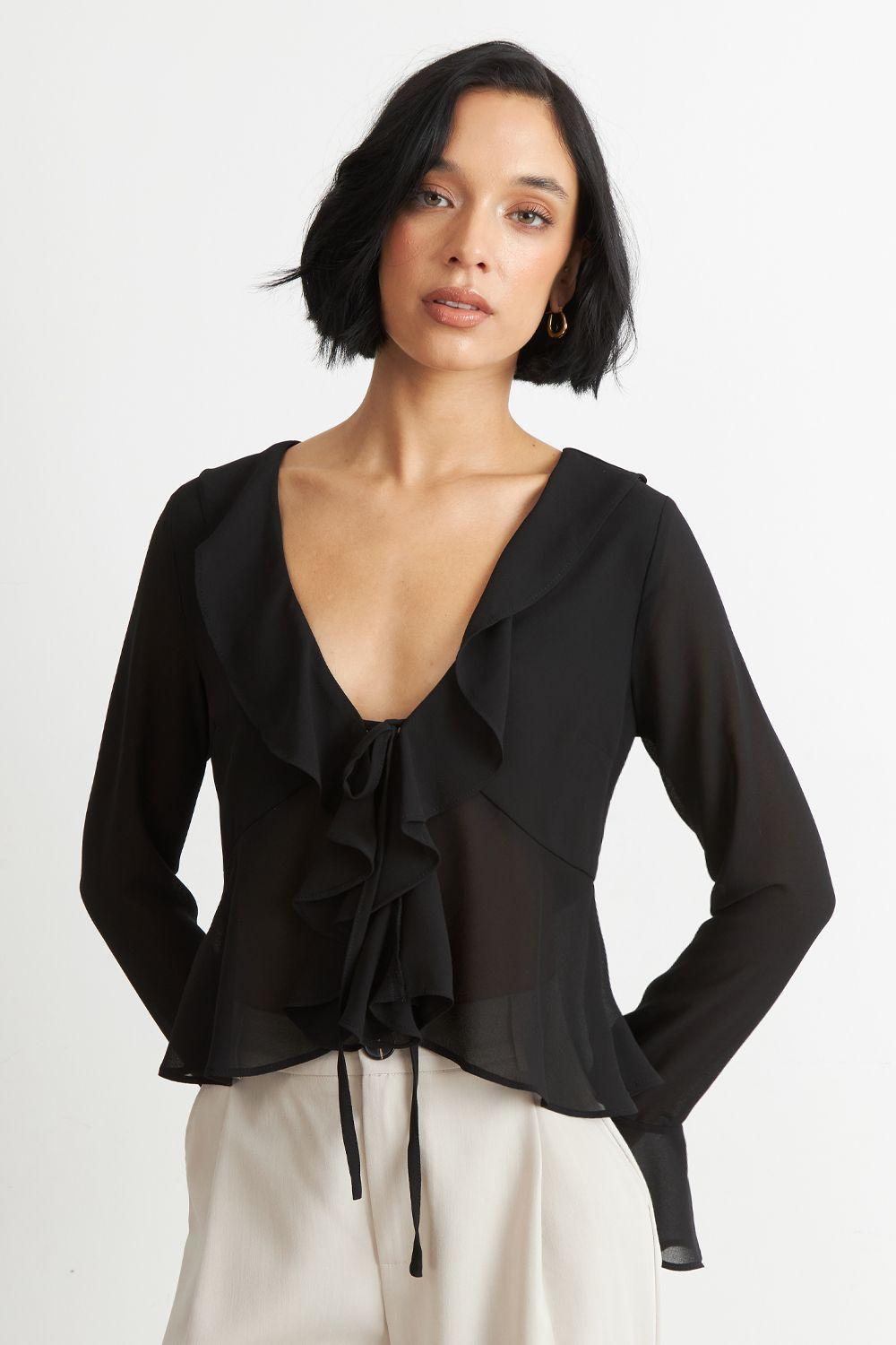 Blusa Vuelos Manga Larga Negro Nicopoly-4
