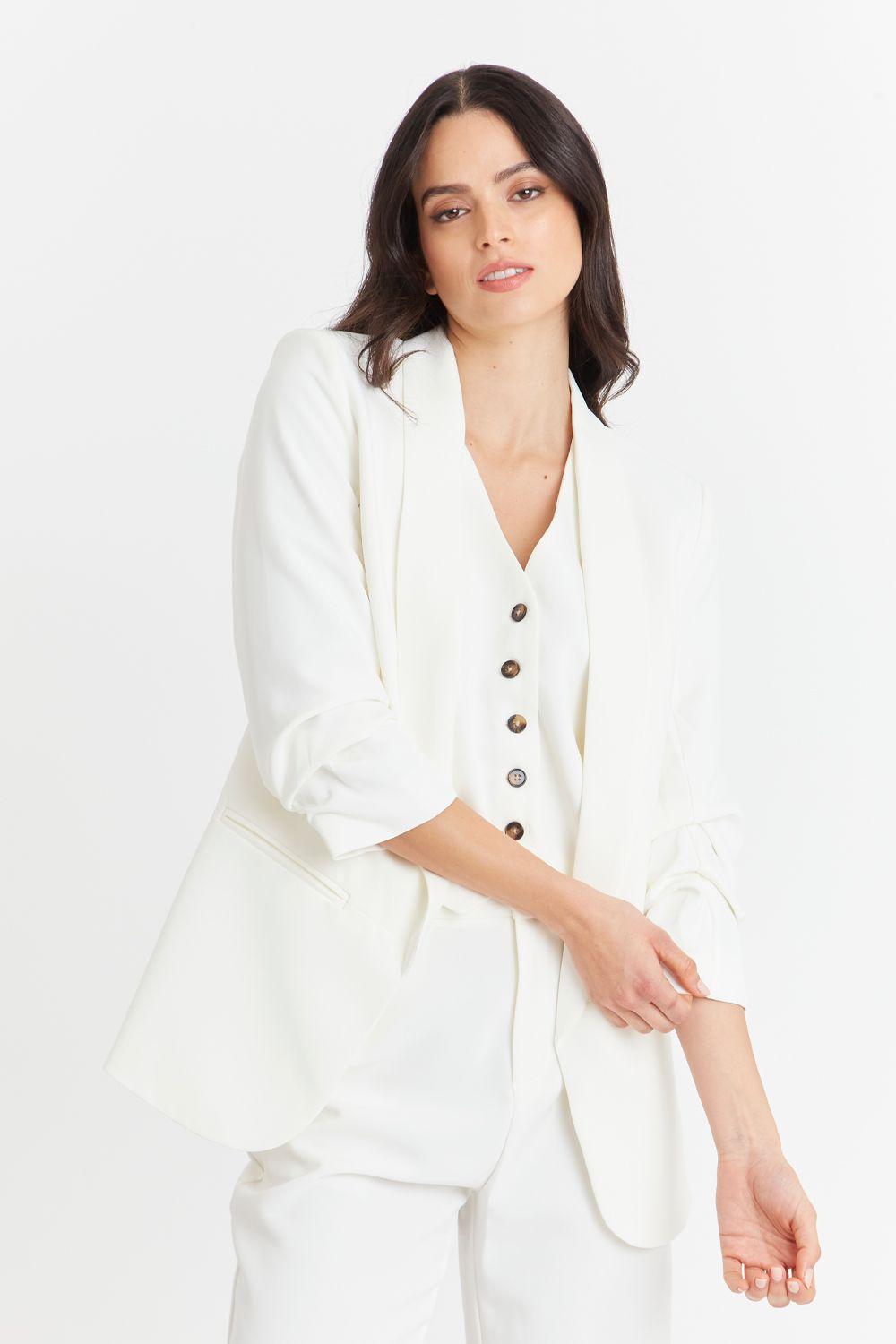 Blazer Manga 3/4 Ajustada Con Pliegues Blanco Nicopoly-0