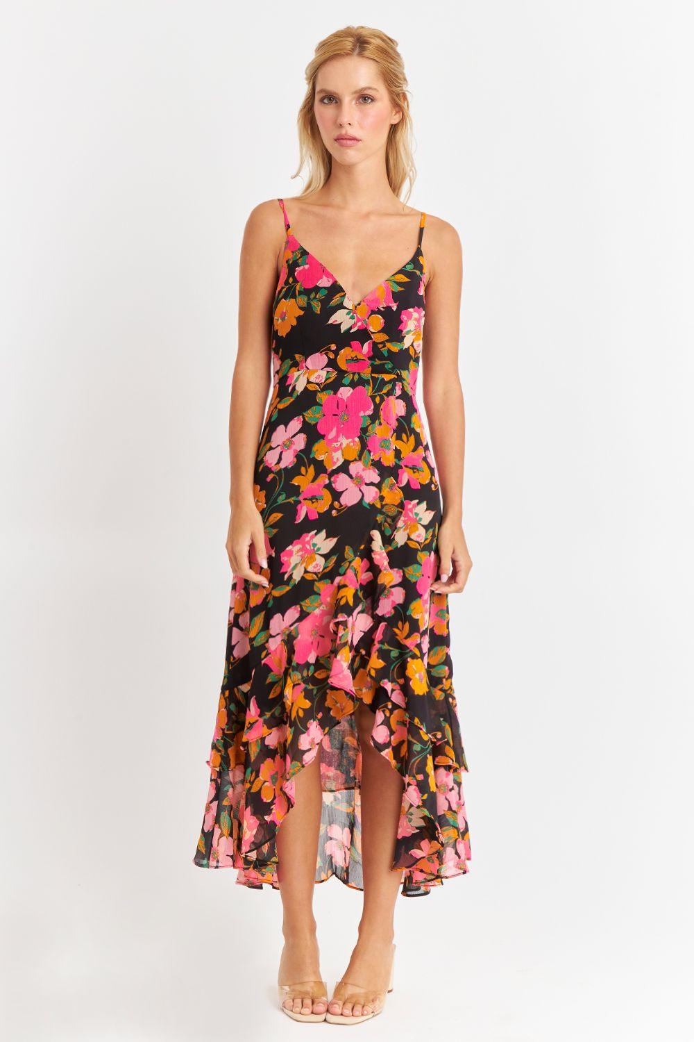 Vestido Asimétrico Floral Fucsia Nicopoly-0