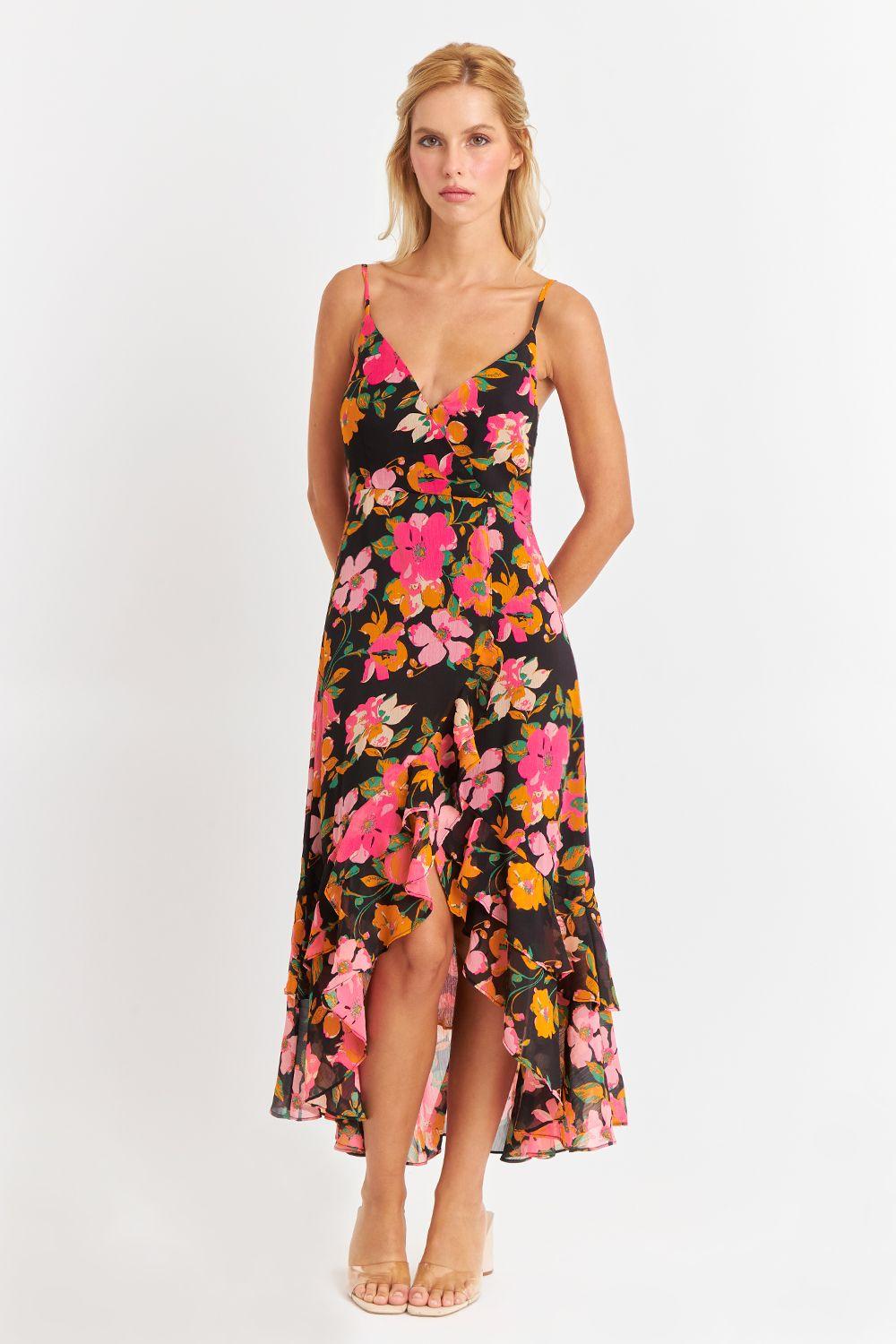 Vestido Asimétrico Floral Fucsia Nicopoly-1
