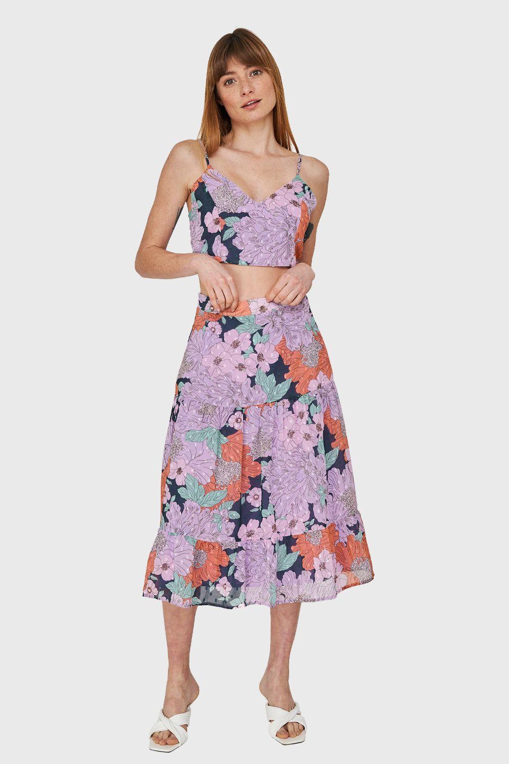 Falda Larga Volantes Floral Lila Nicopoly-1