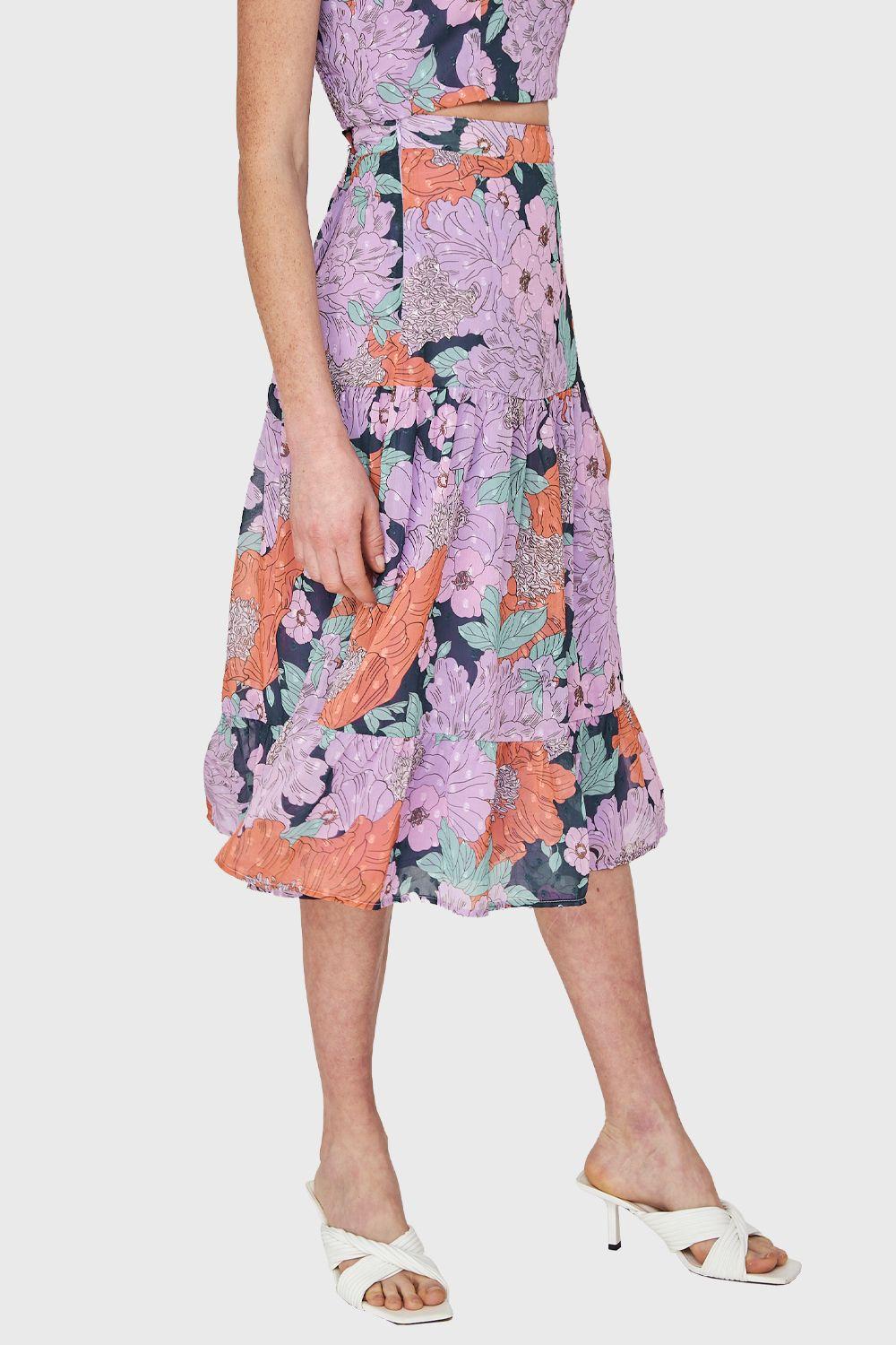 Falda Larga Volantes Floral Lila Nicopoly-2