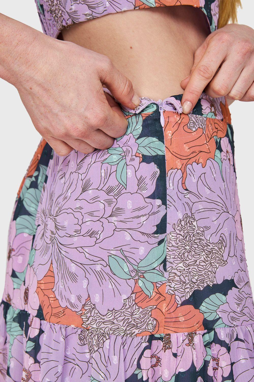 Falda Larga Volantes Floral Lila Nicopoly-5