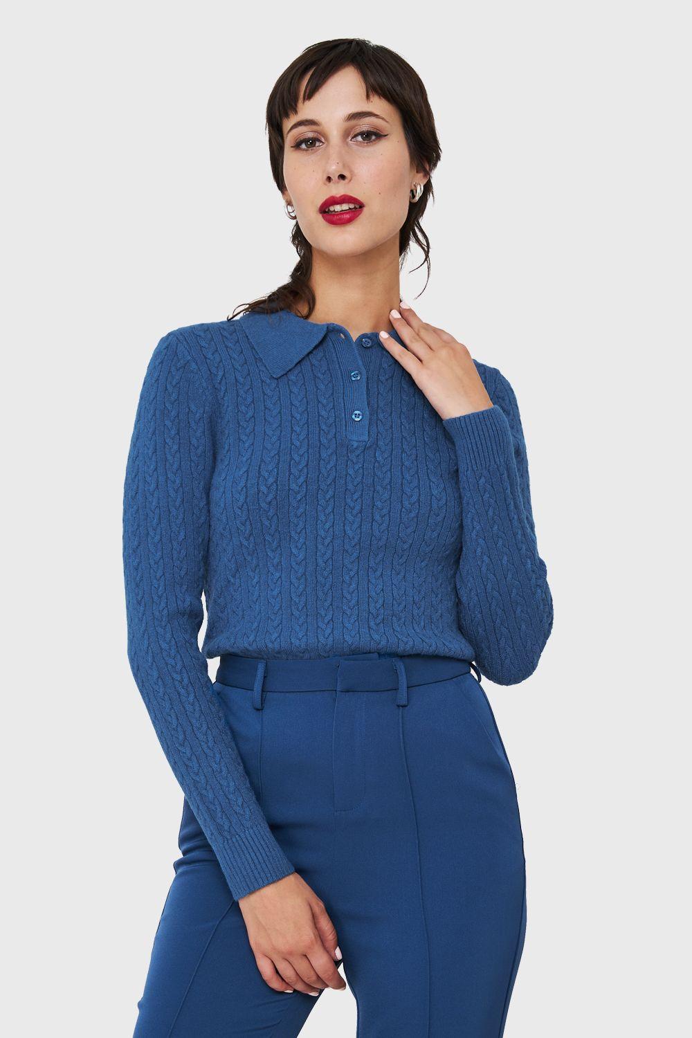 Sweater Cuello Camisero Cadenetas Azul índigo Nicopoly-0