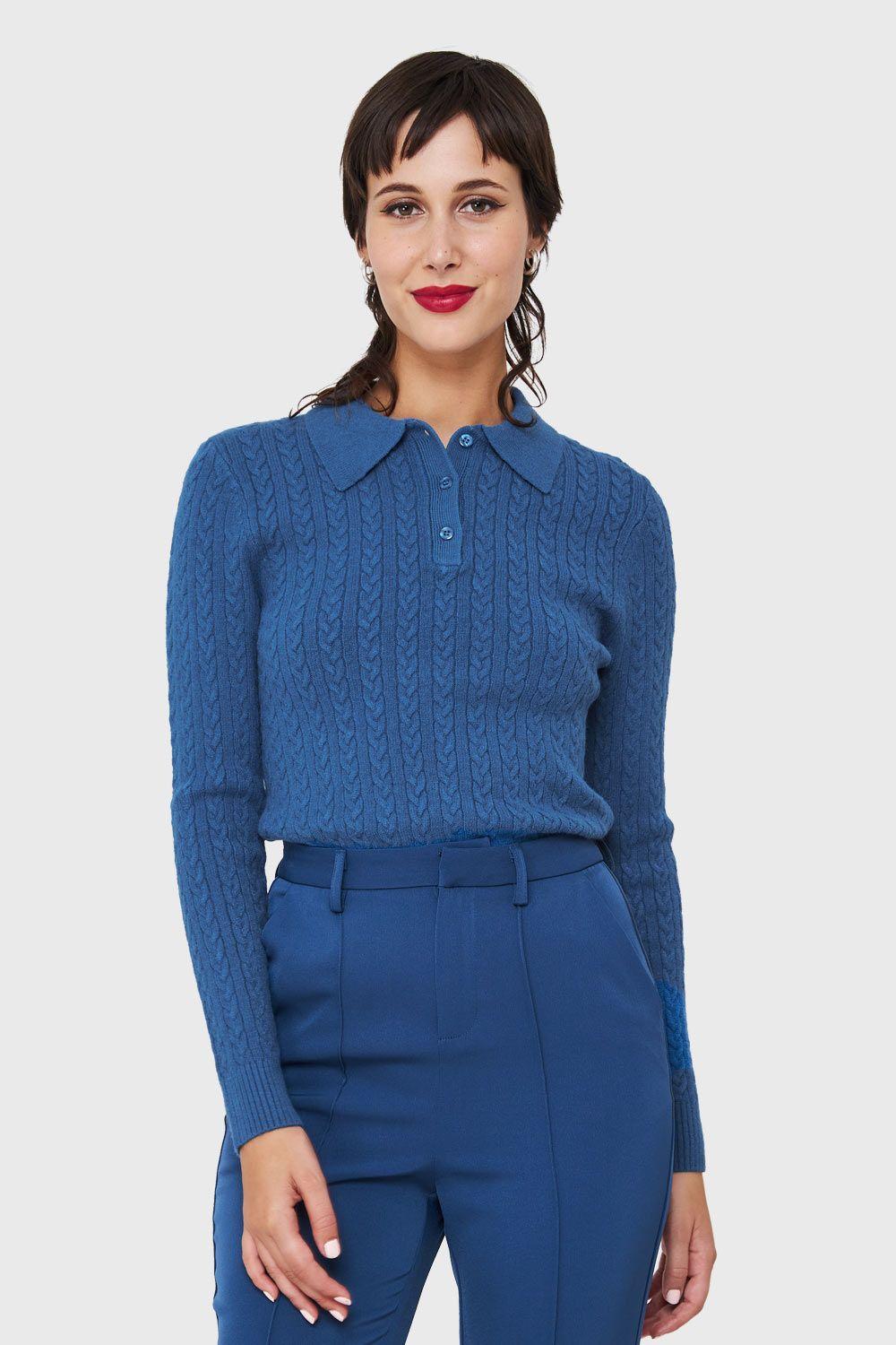 Sweater Cuello Camisero Cadenetas Azul índigo Nicopoly-4