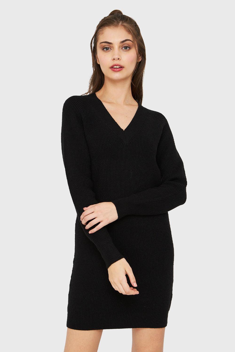 Sweater Vestido Cuello V Negro Nicopoly-4