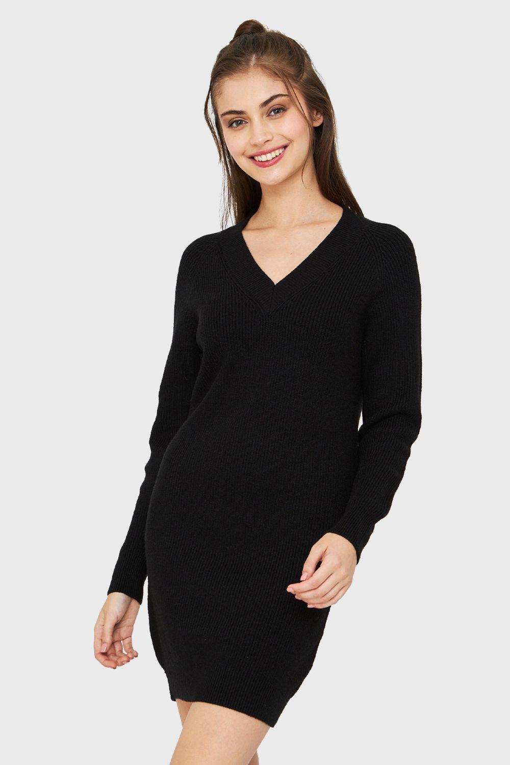Sweater Vestido Cuello V Negro Nicopoly-0