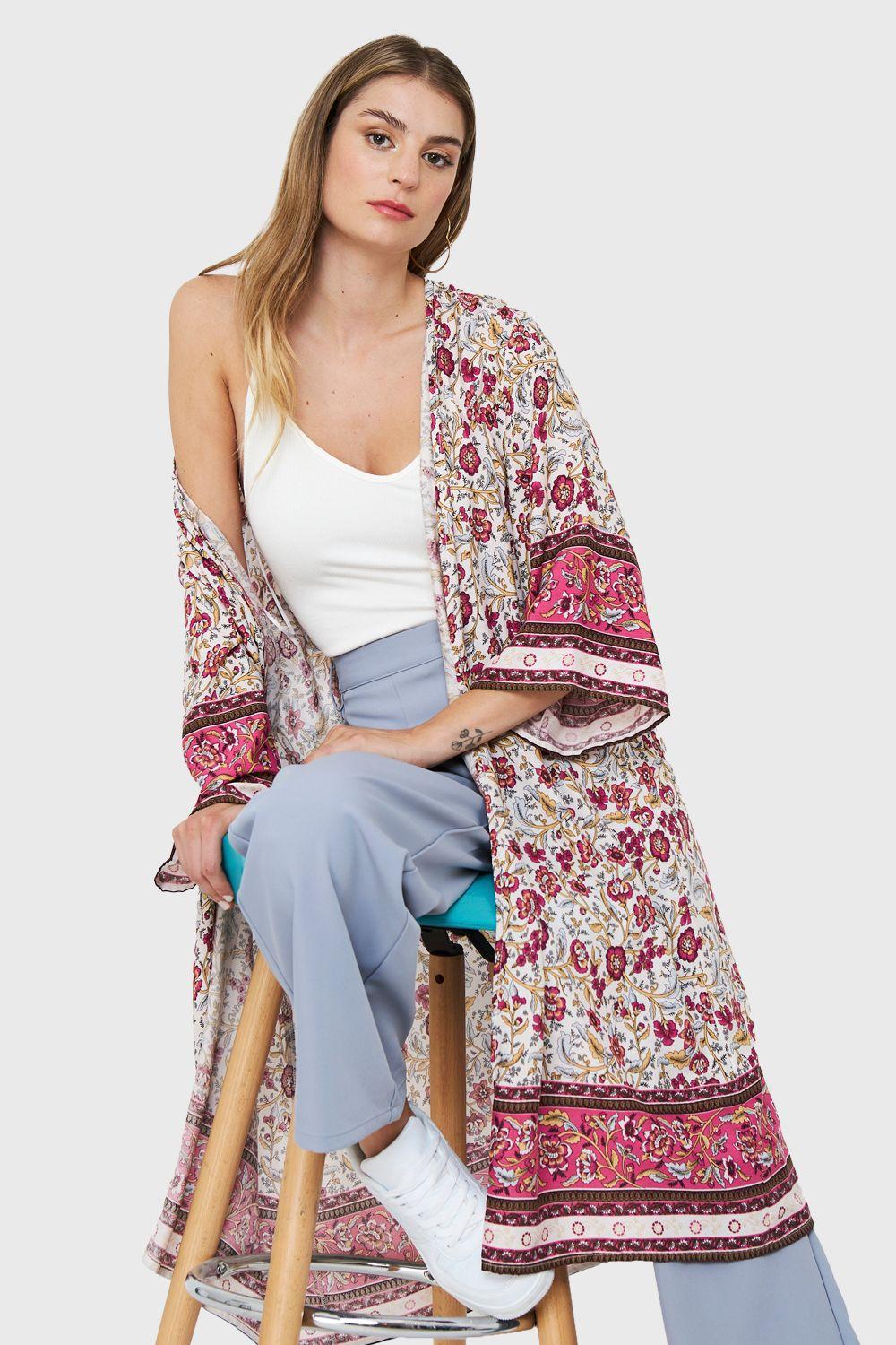 Kimono Largo Flores Blanco Nicopoly-4