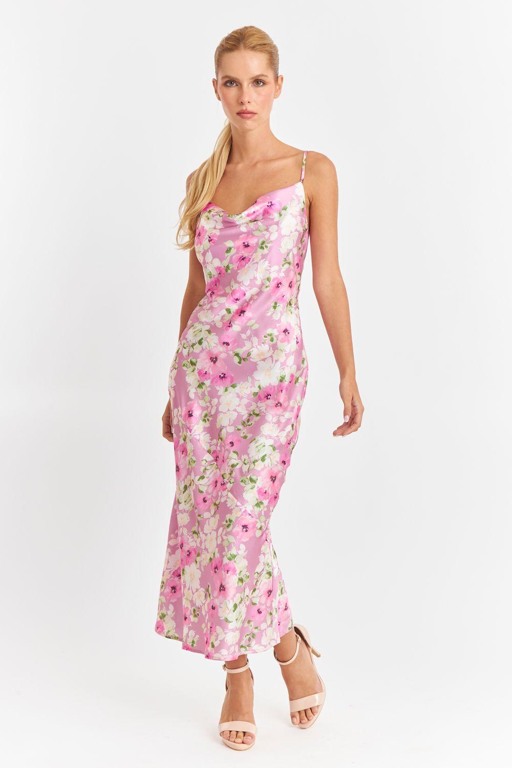 Vestido Tipo Satín Floreado Rosado Nicopoly-0