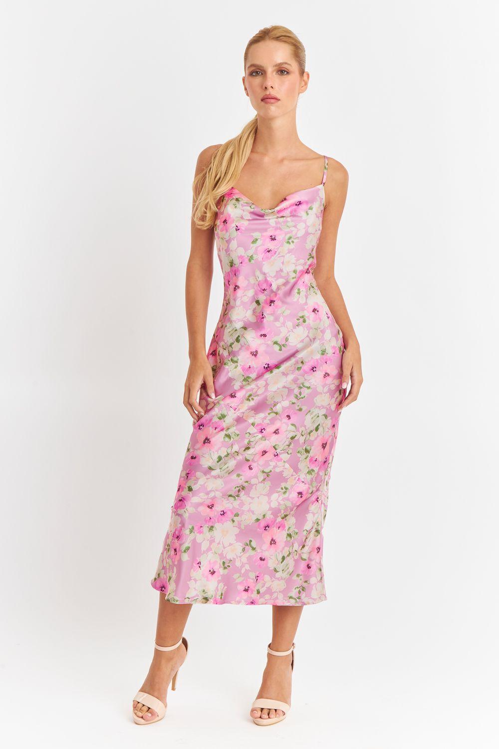 Vestido Tipo Satín Floreado Rosado Nicopoly-1