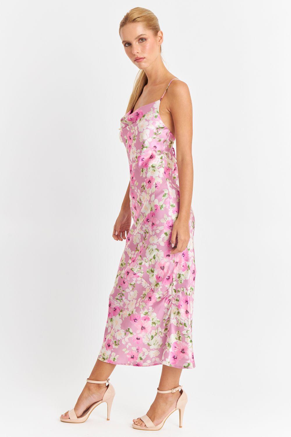 Vestido Tipo Satín Floreado Rosado Nicopoly-2