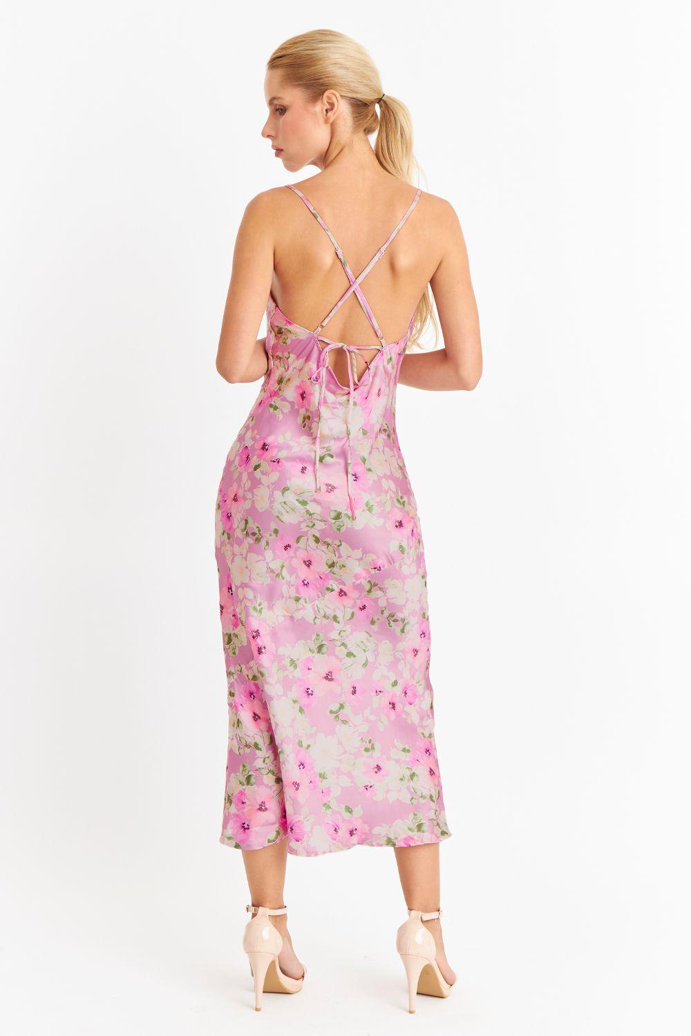 Vestido Tipo Satín Floreado Rosado Nicopoly-3