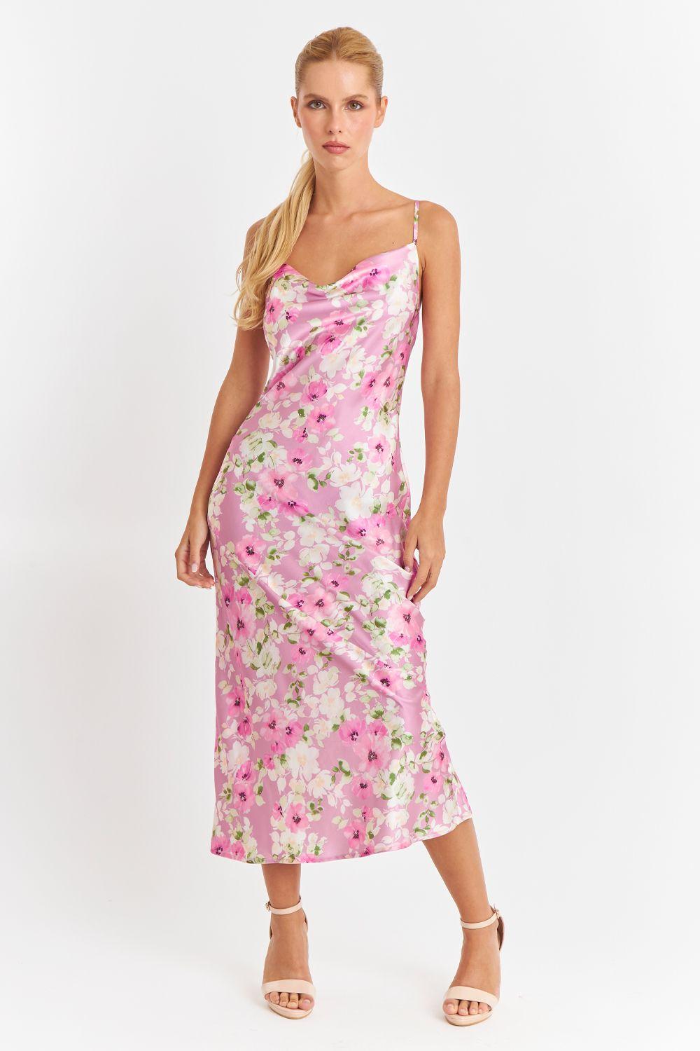 Vestido Tipo Satín Floreado Rosado Nicopoly-4