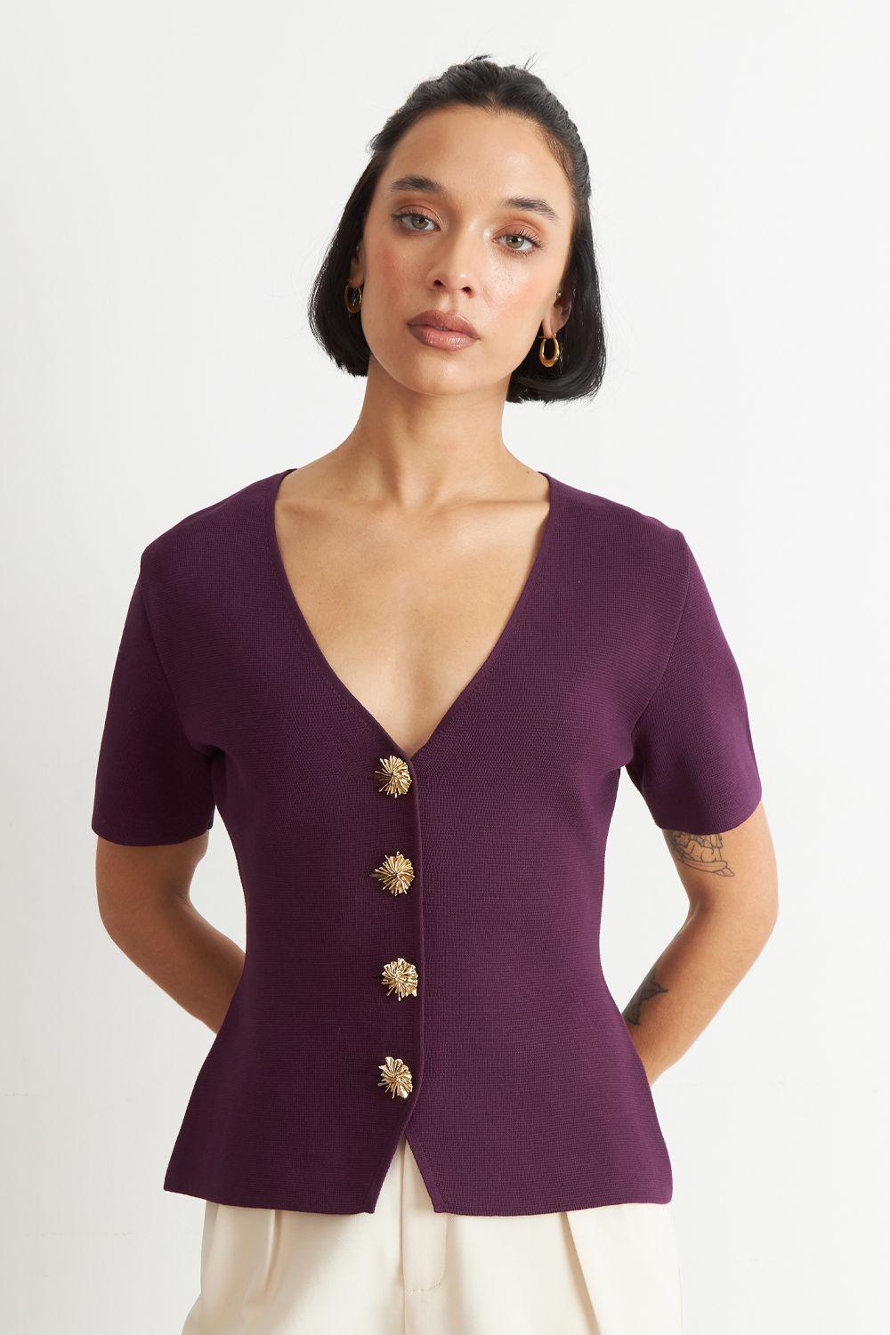 Polera Hilo Cuello V Botones Morado Nicopoly-0