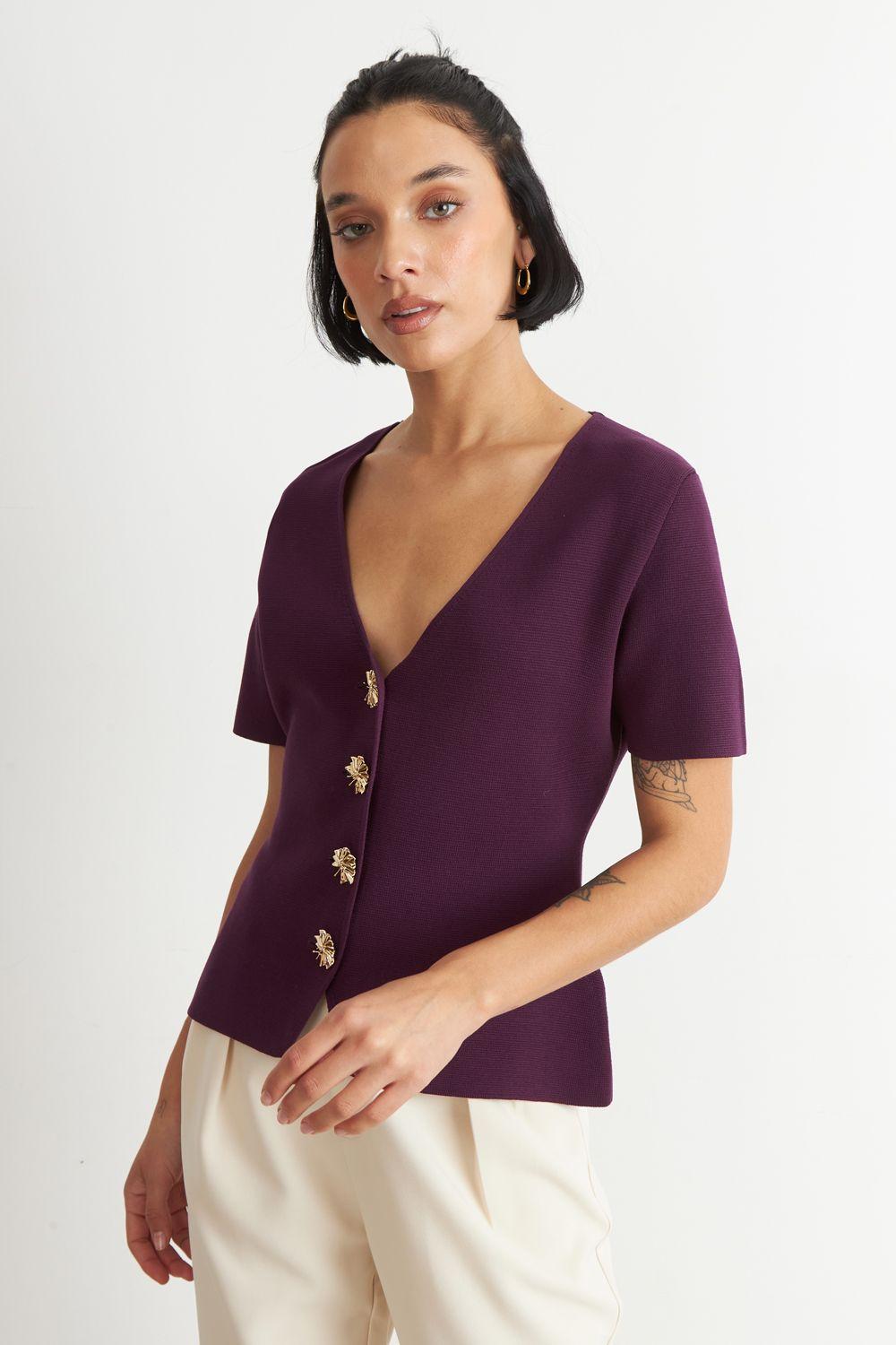 Polera Hilo Cuello V Botones Morado Nicopoly-2