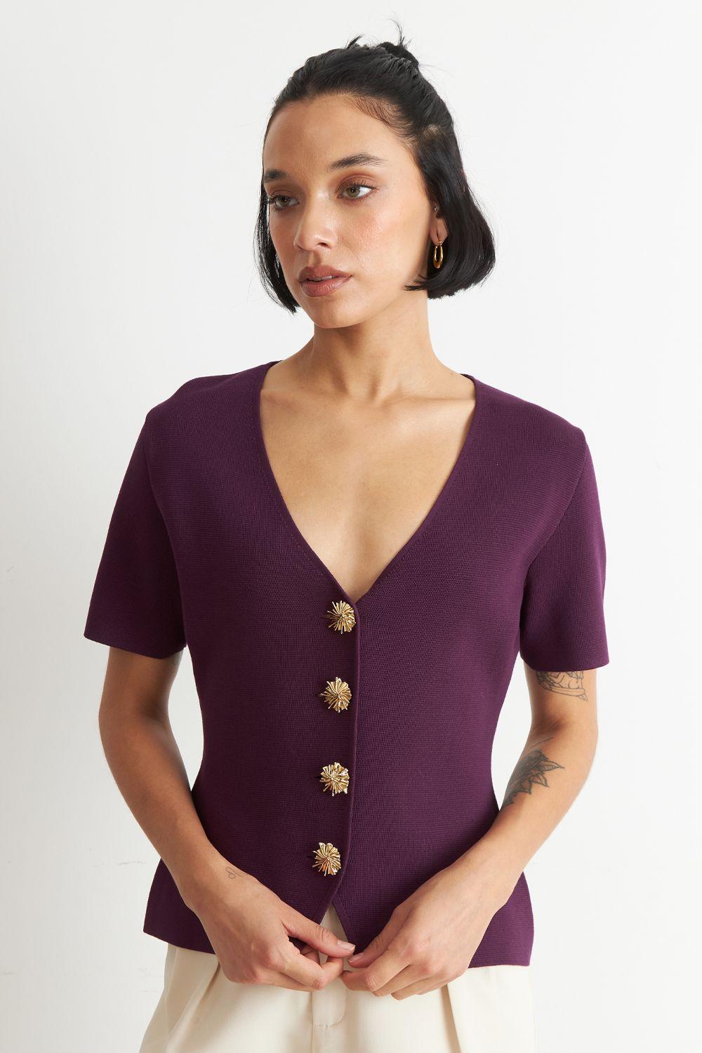 Polera Hilo Cuello V Botones Morado Nicopoly-4