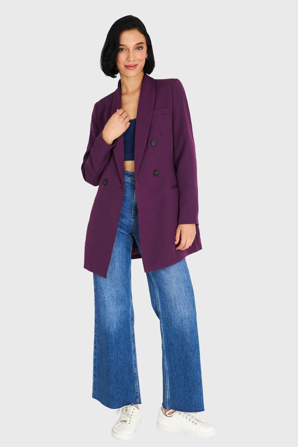Blazer Largo Cuello Cruzado Morado Nicopoly-1