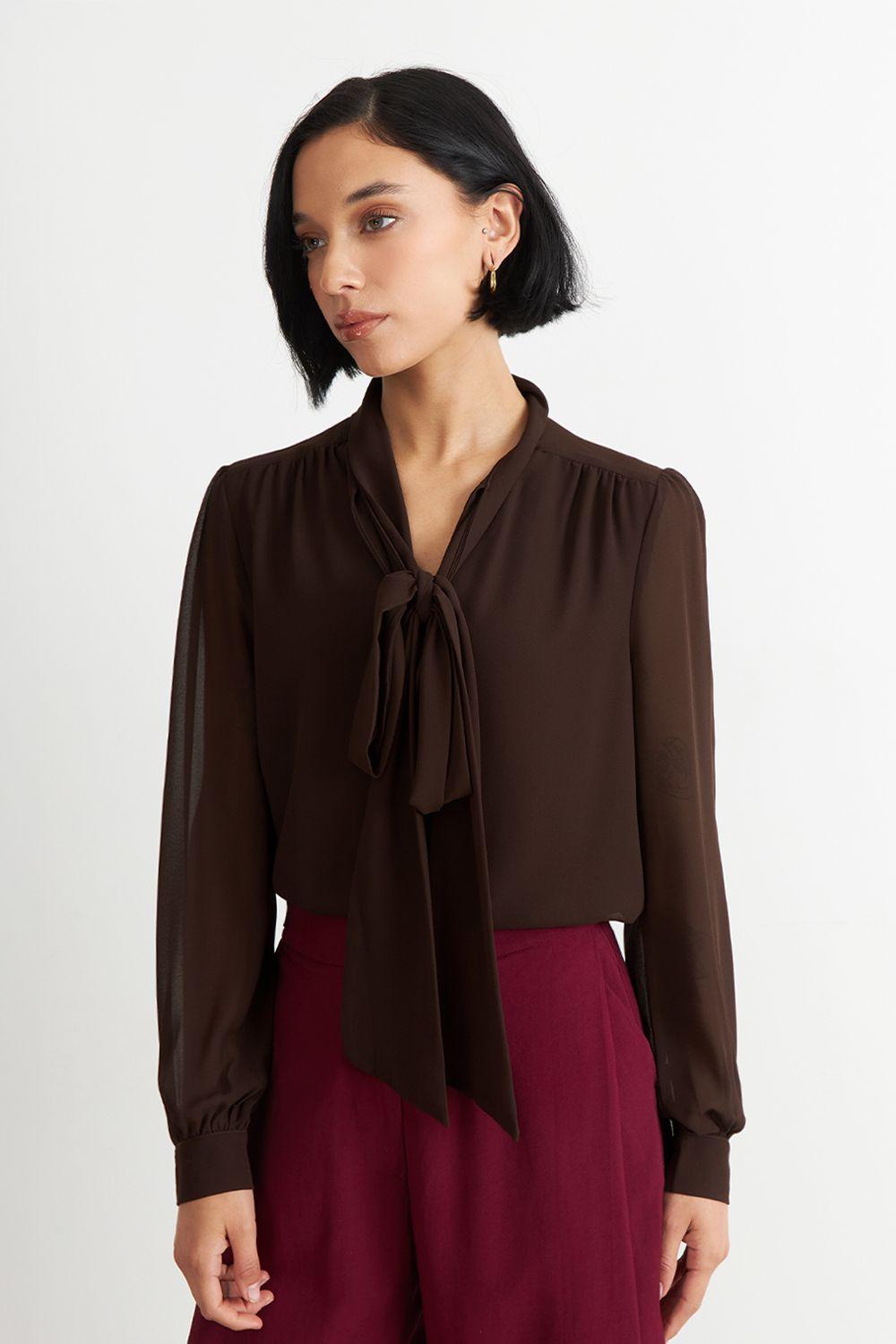 Blusa Manga Larga con Corbatín Café Nicopoly-4