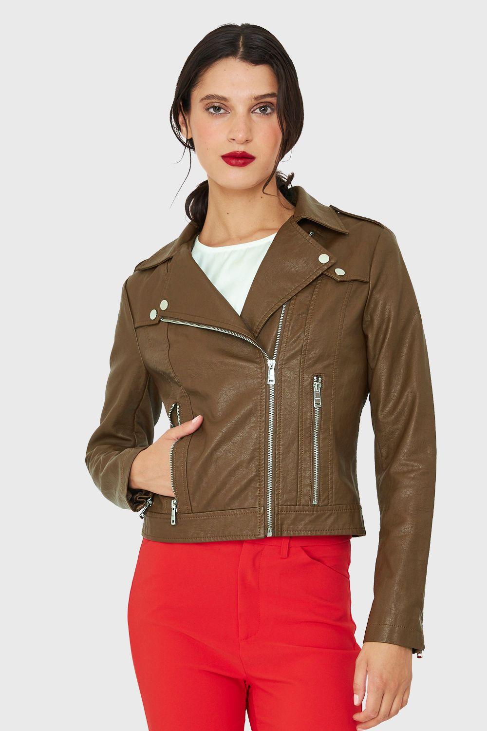 Chaqueta Biker Ecocuero Corta Café Nicopoly-0