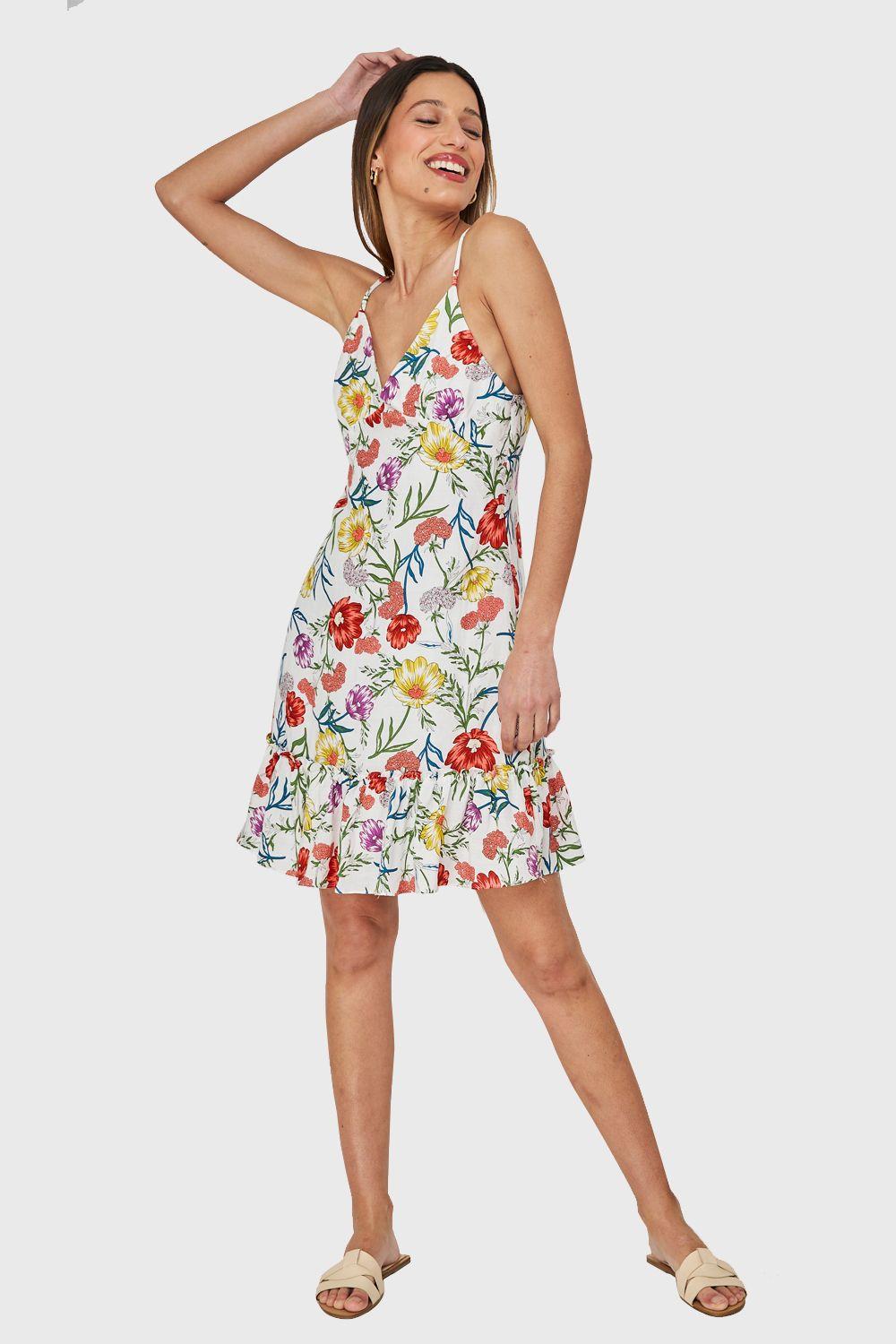 Vestido Escote V Flores Blanco Nicopoly-1