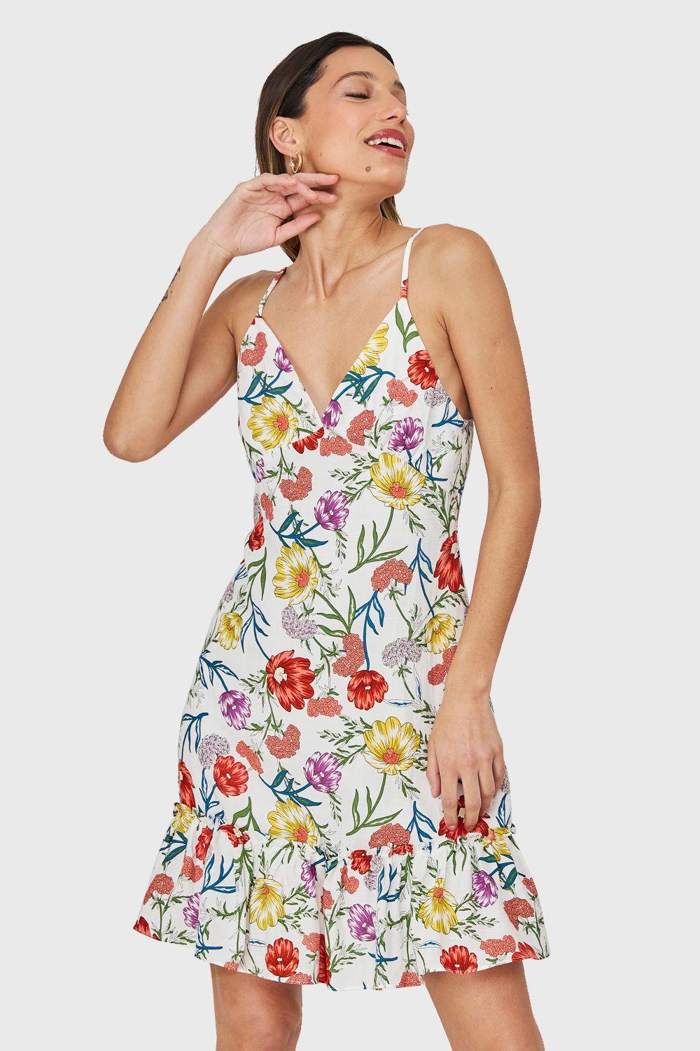 Vestido Escote V Flores Blanco Nicopoly-4