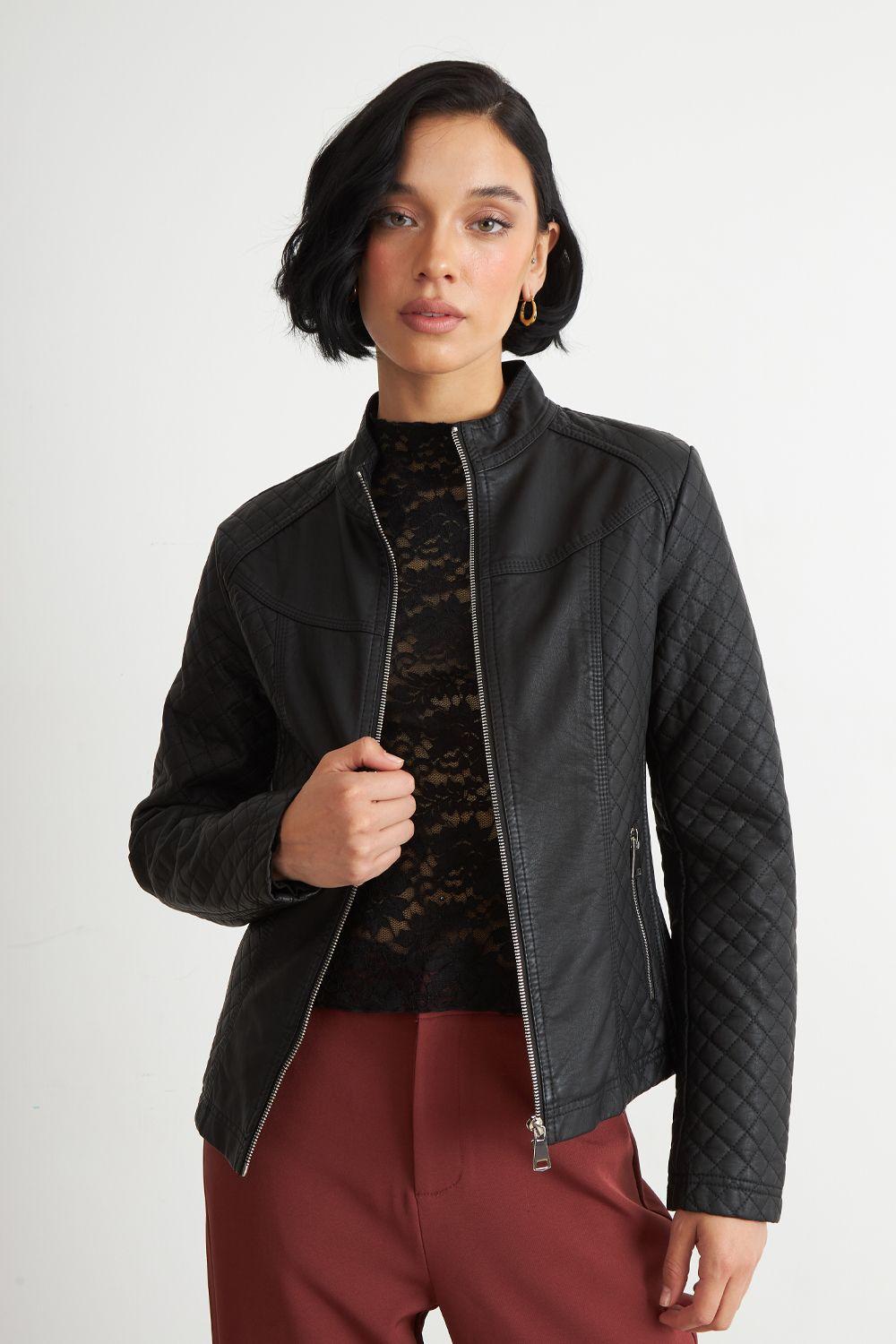 Chaqueta Ecocuero Acolchado Cuello Mao Negro Nicopoly-0