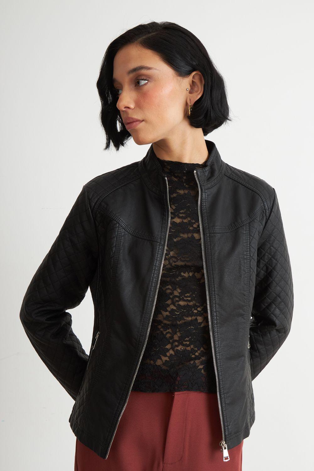 Chaqueta Ecocuero Acolchado Cuello Mao Negro Nicopoly-4