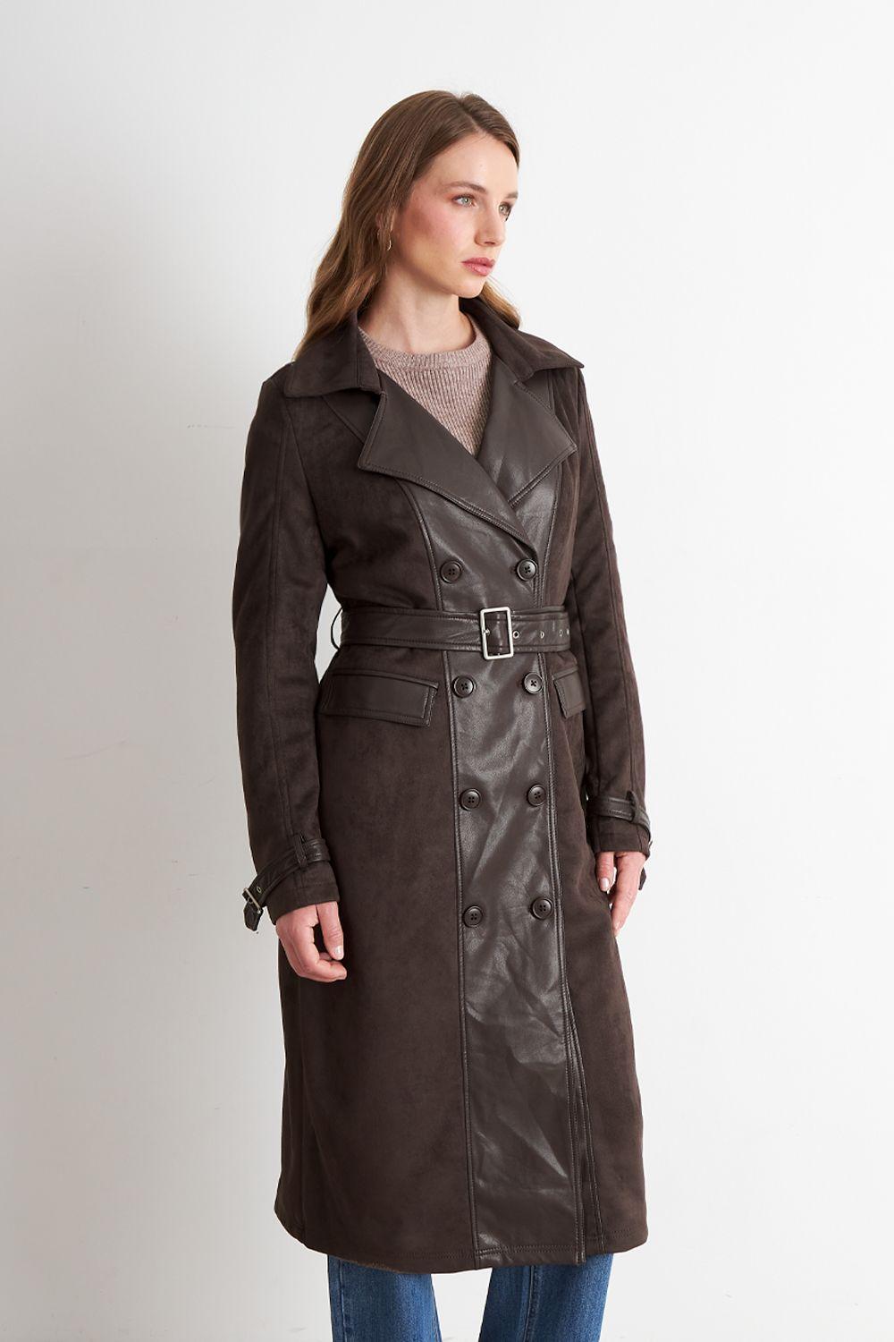 Abrigo Tipo Gamuza y Ecocuero Café Nicopoly-2