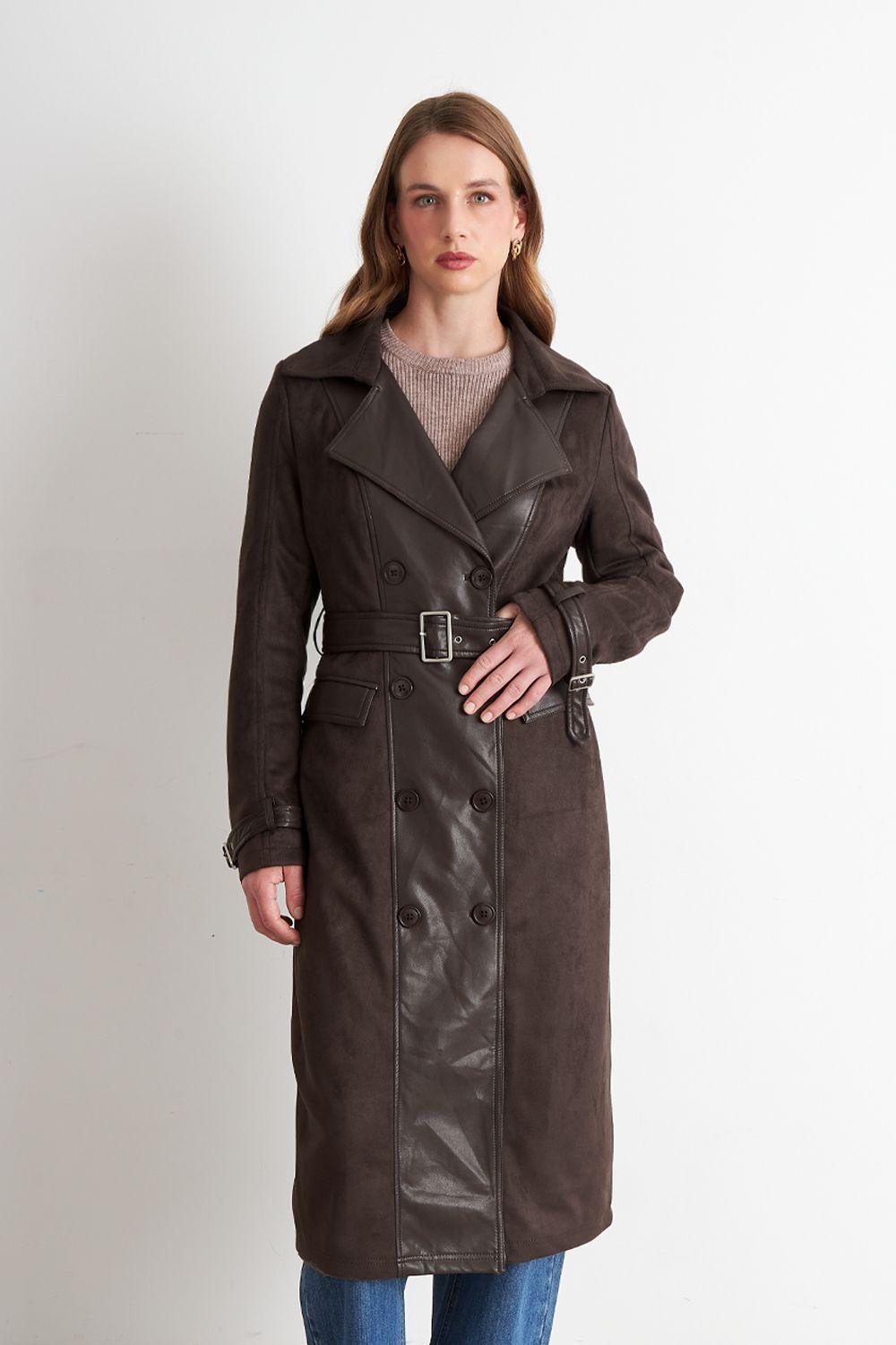 Abrigo Tipo Gamuza y Ecocuero Café Nicopoly-4