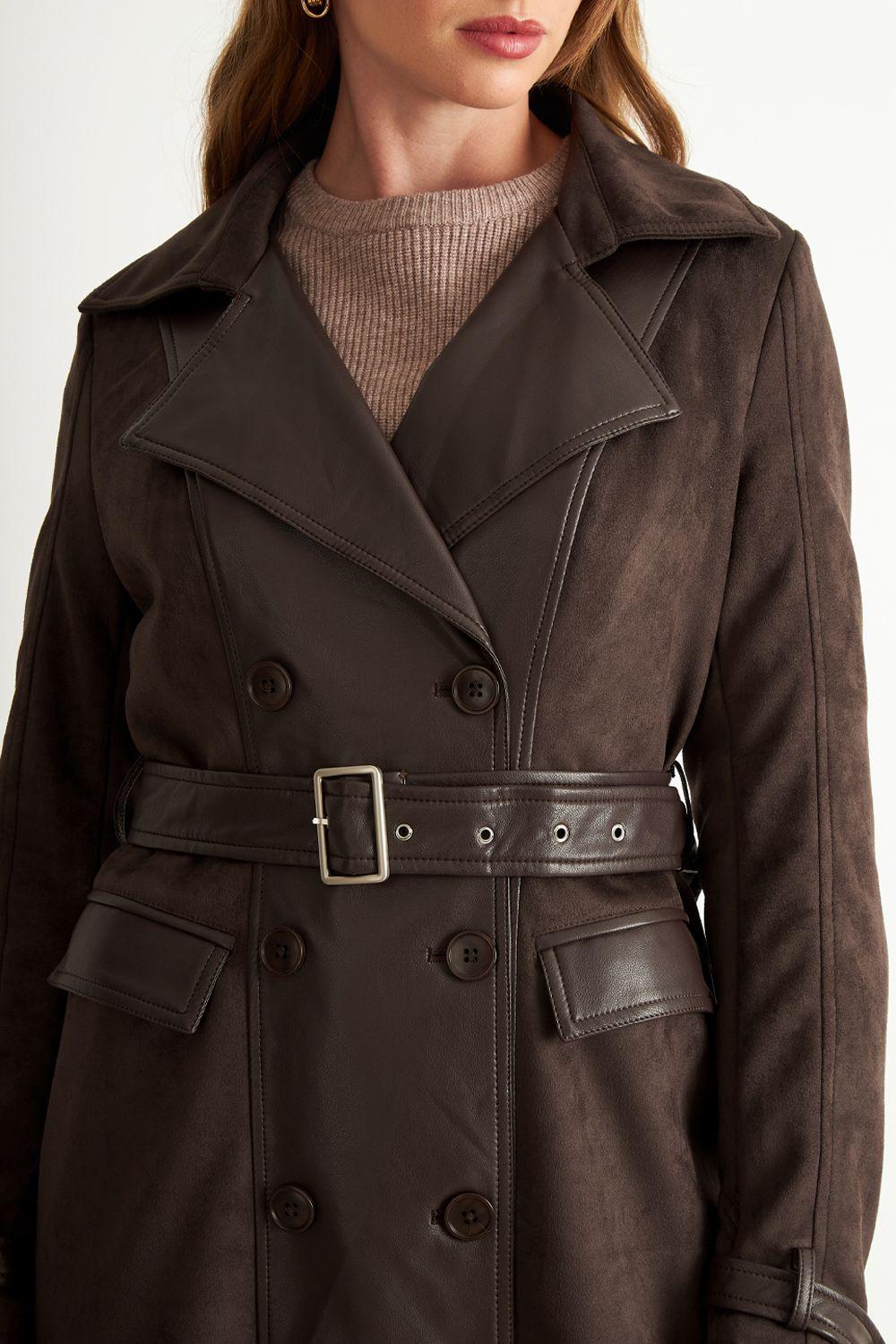 Abrigo Tipo Gamuza y Ecocuero Café Nicopoly-5