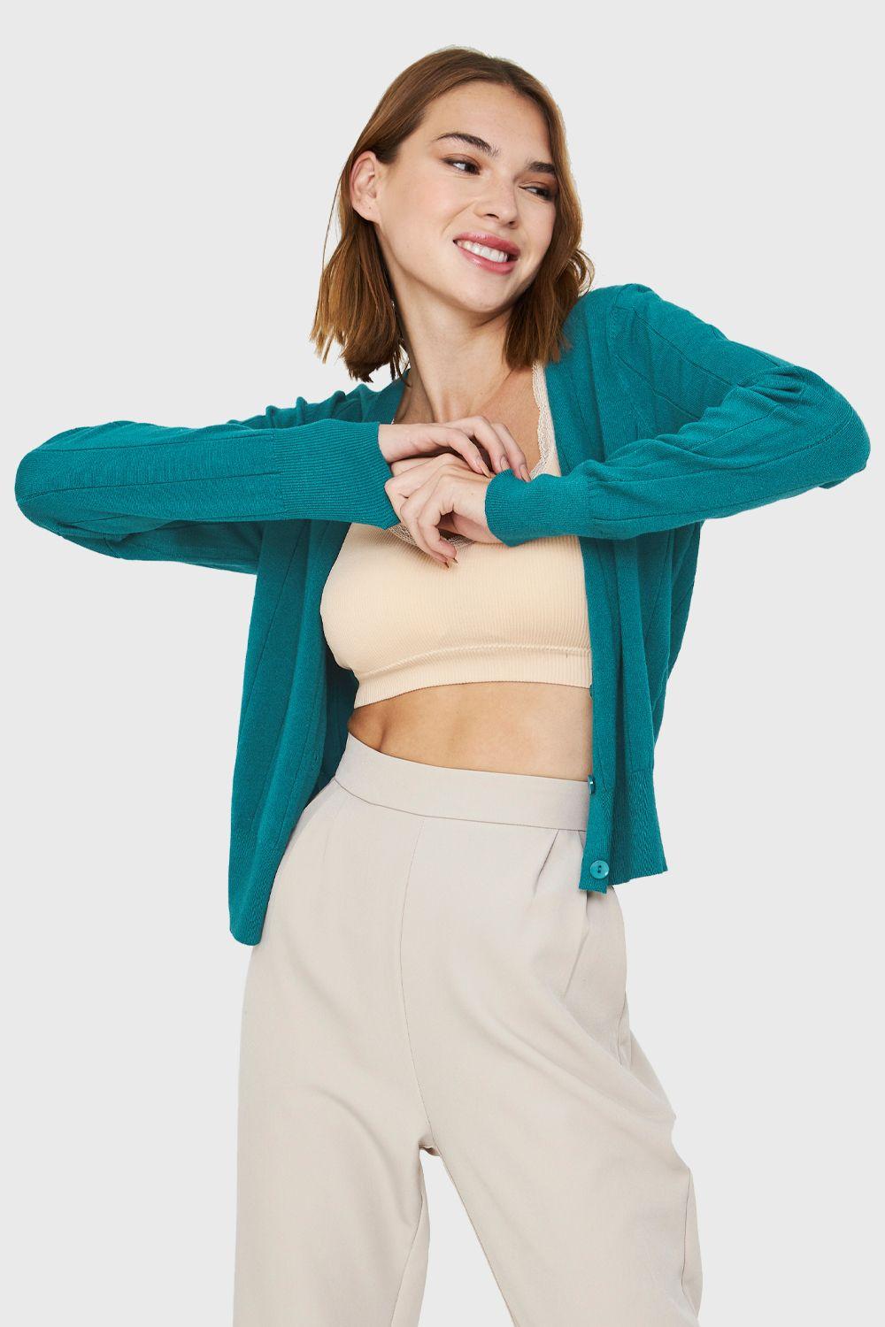 Cárdigan Acanalado Botones Verde Petróleo Nicopoly-4