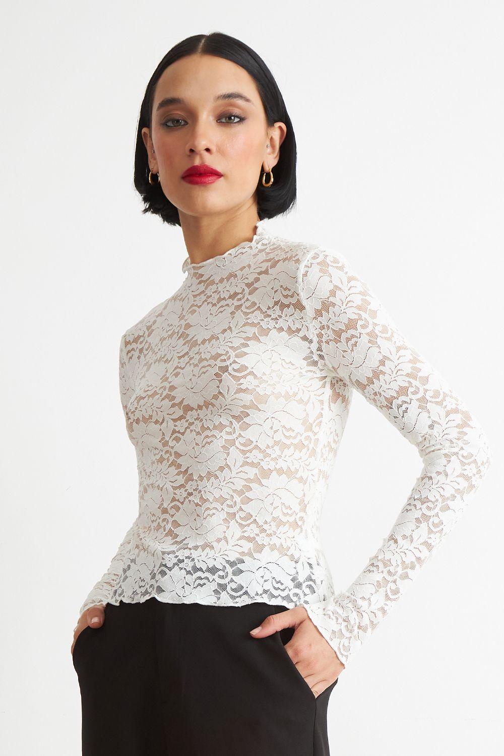 Polera Encaje Cuello Alto Blanco Nicopoly-2