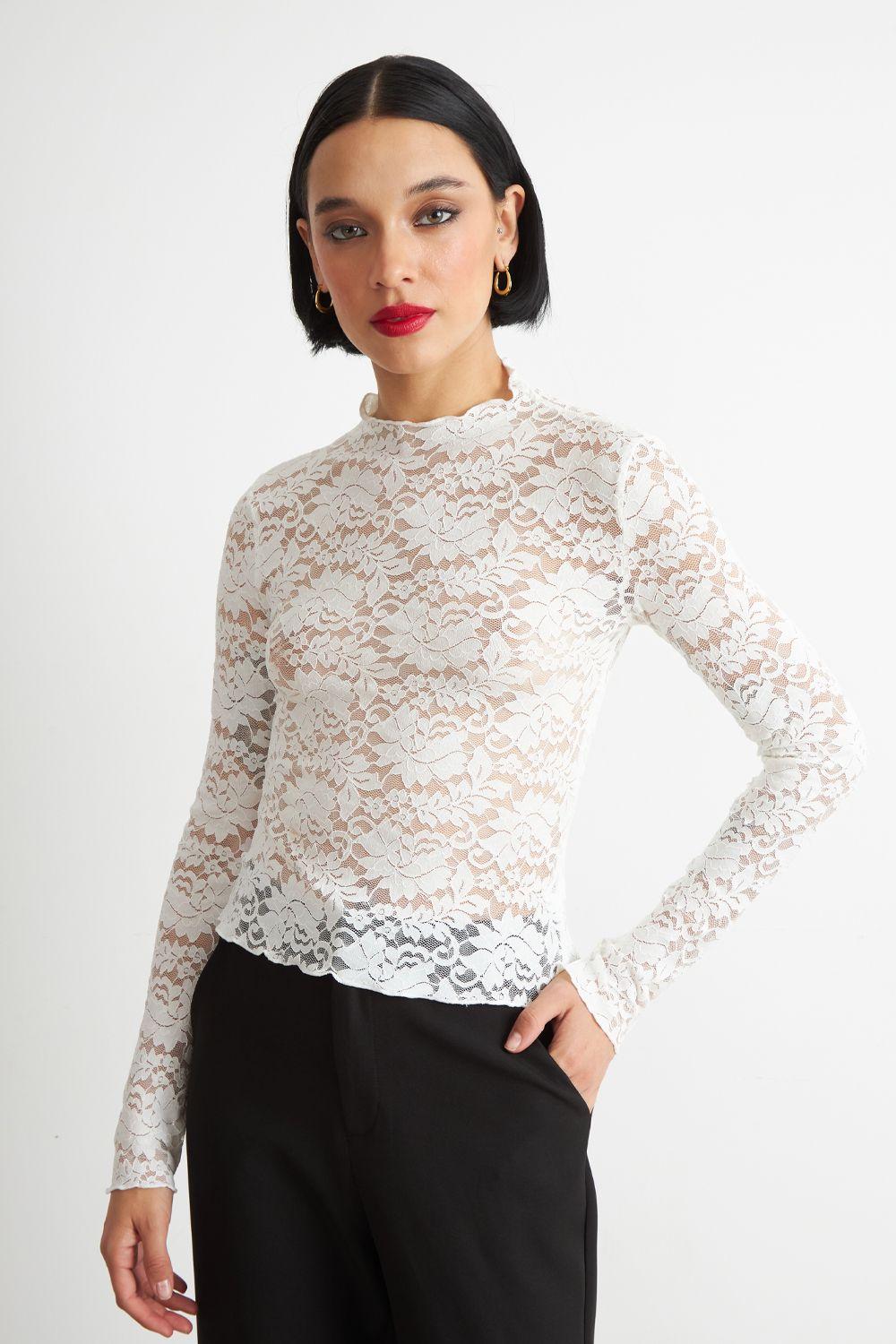 Polera Encaje Cuello Alto Blanco Nicopoly-4