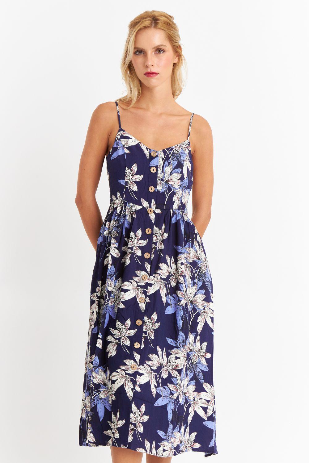 Vestido Floreado Botones Delanteros Azul Marino Nicopoly-0