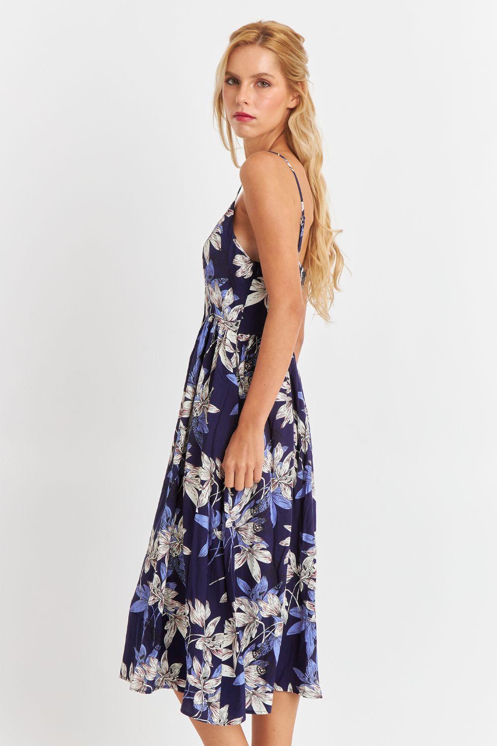 Vestido Floreado Botones Delanteros Azul Marino Nicopoly-2