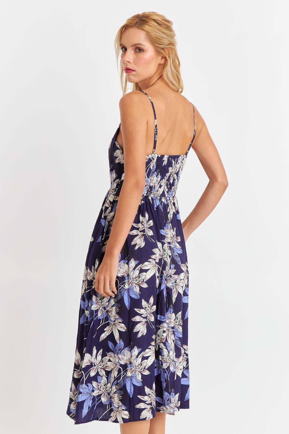 Vestido Floreado Botones Delanteros Azul Marino Nicopoly-3