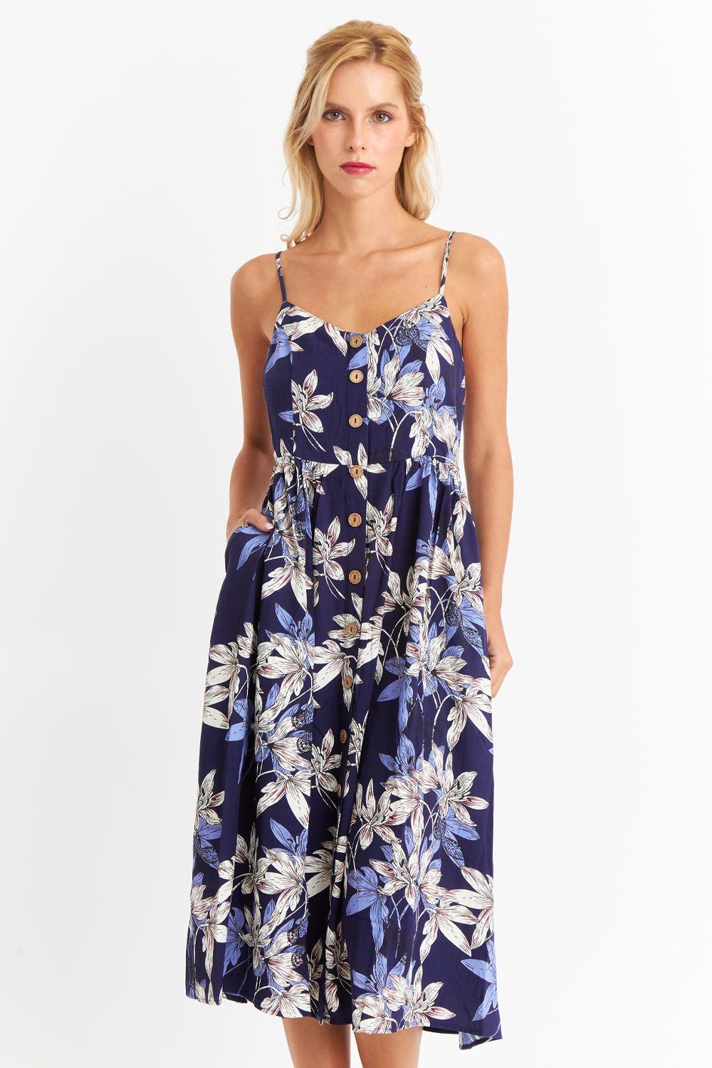 Vestido Floreado Botones Delanteros Azul Marino Nicopoly-4