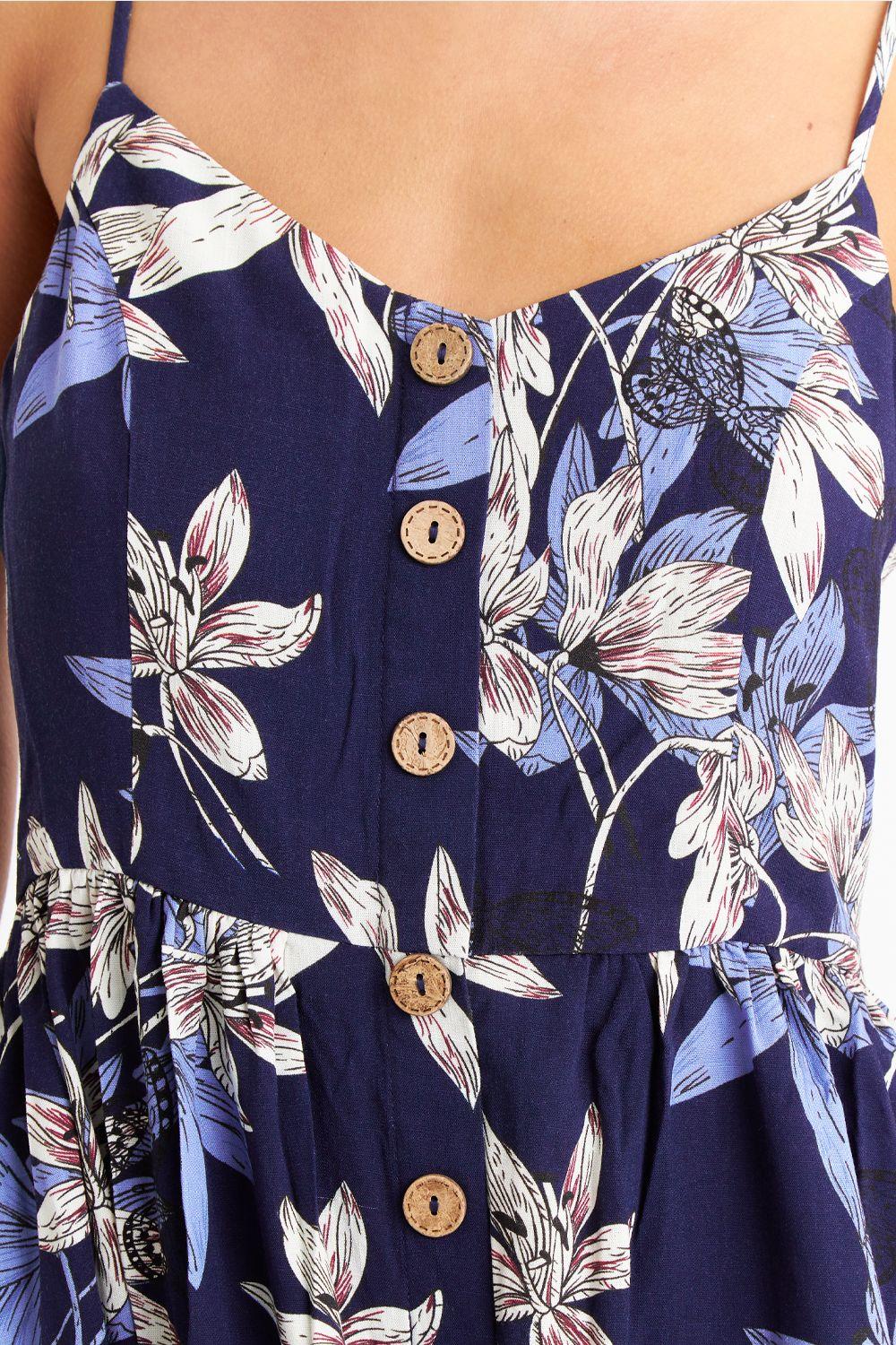 Vestido Floreado Botones Delanteros Azul Marino Nicopoly-5